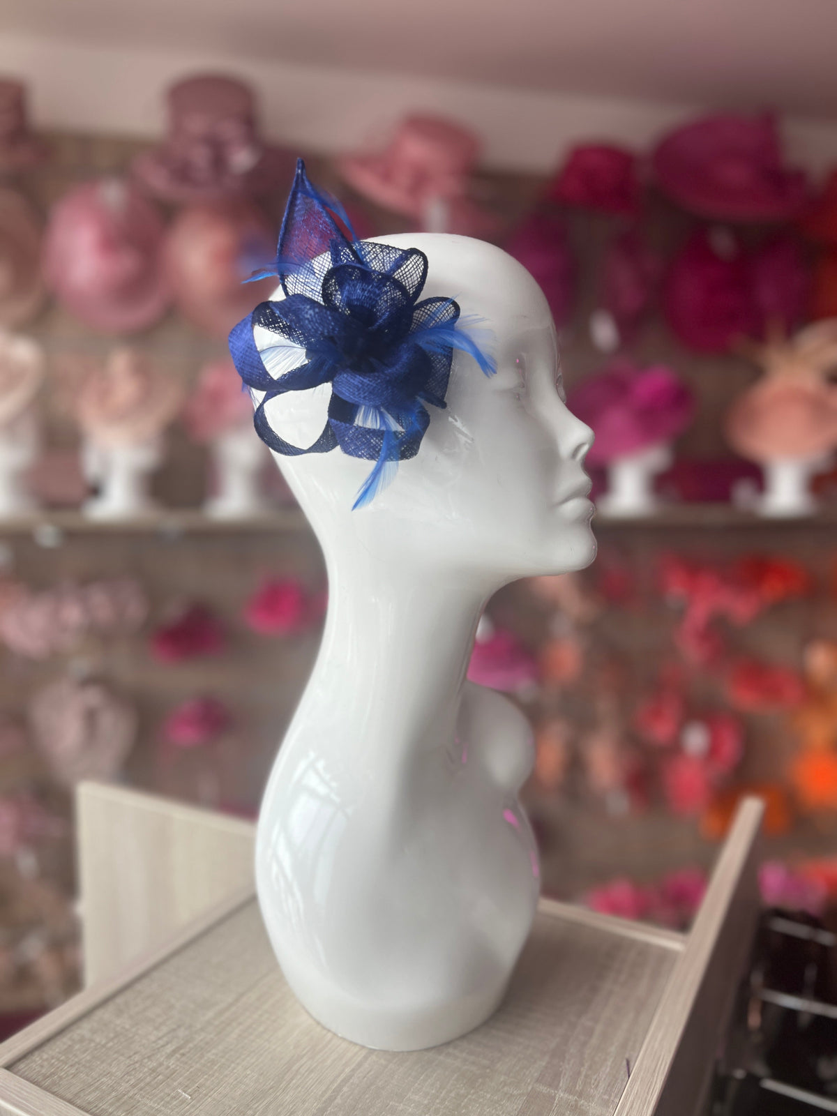 Cobalt Blue Fascinator Clip with Sinamay &amp; Feather Flower-Fascinators Direct