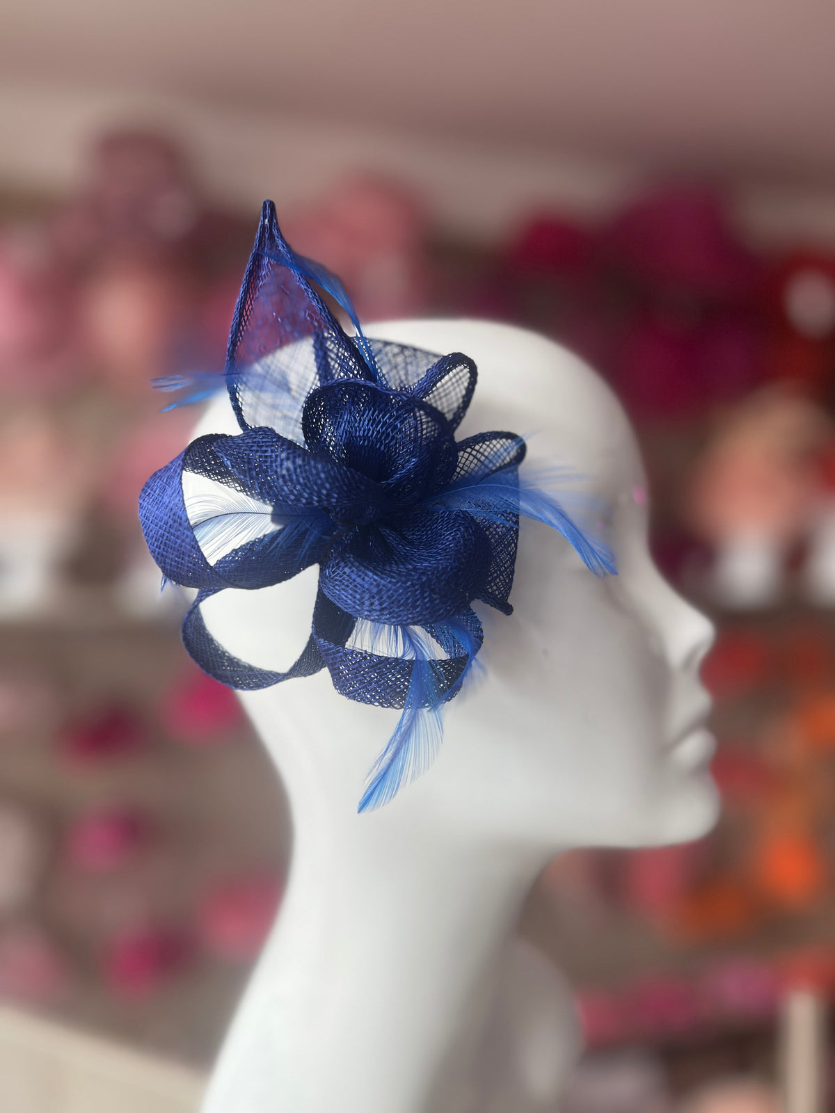 Cobalt Blue Fascinator Clip with Sinamay &amp; Feather Flower-Fascinators Direct