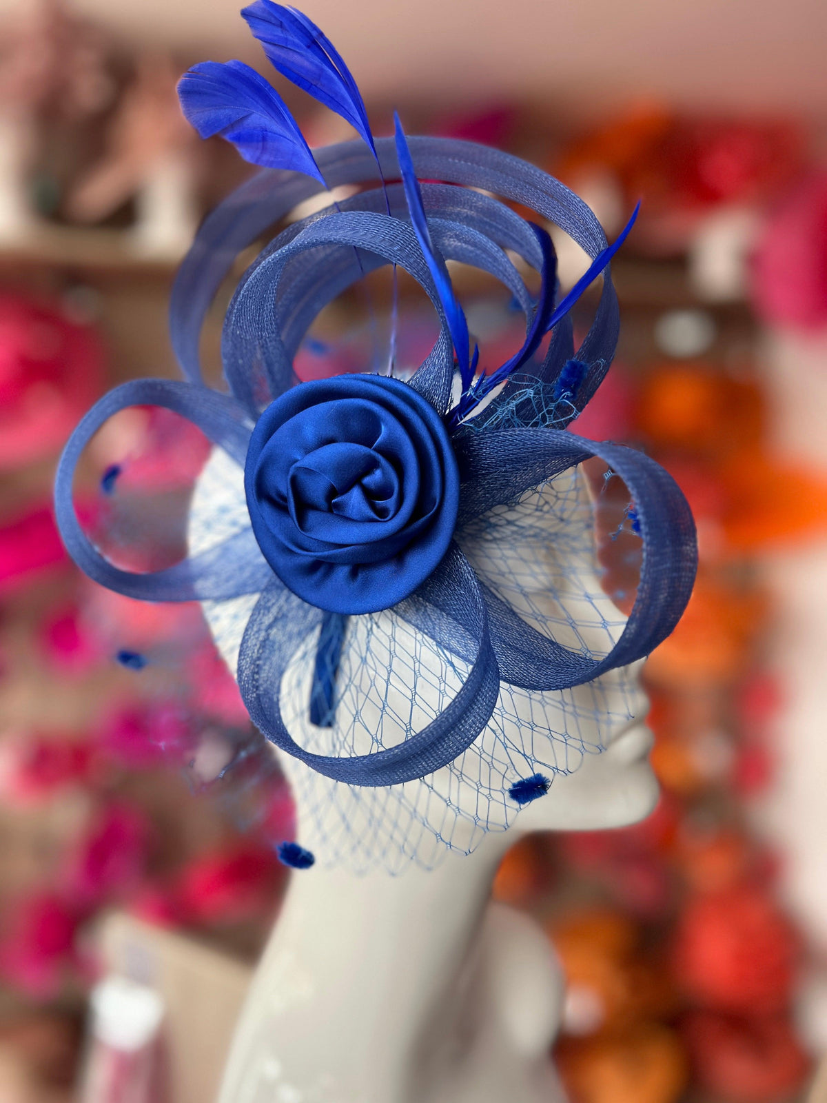 Cobalt Blue Flower Fascinator With Netting &amp; Feathers-Fascinators Direct
