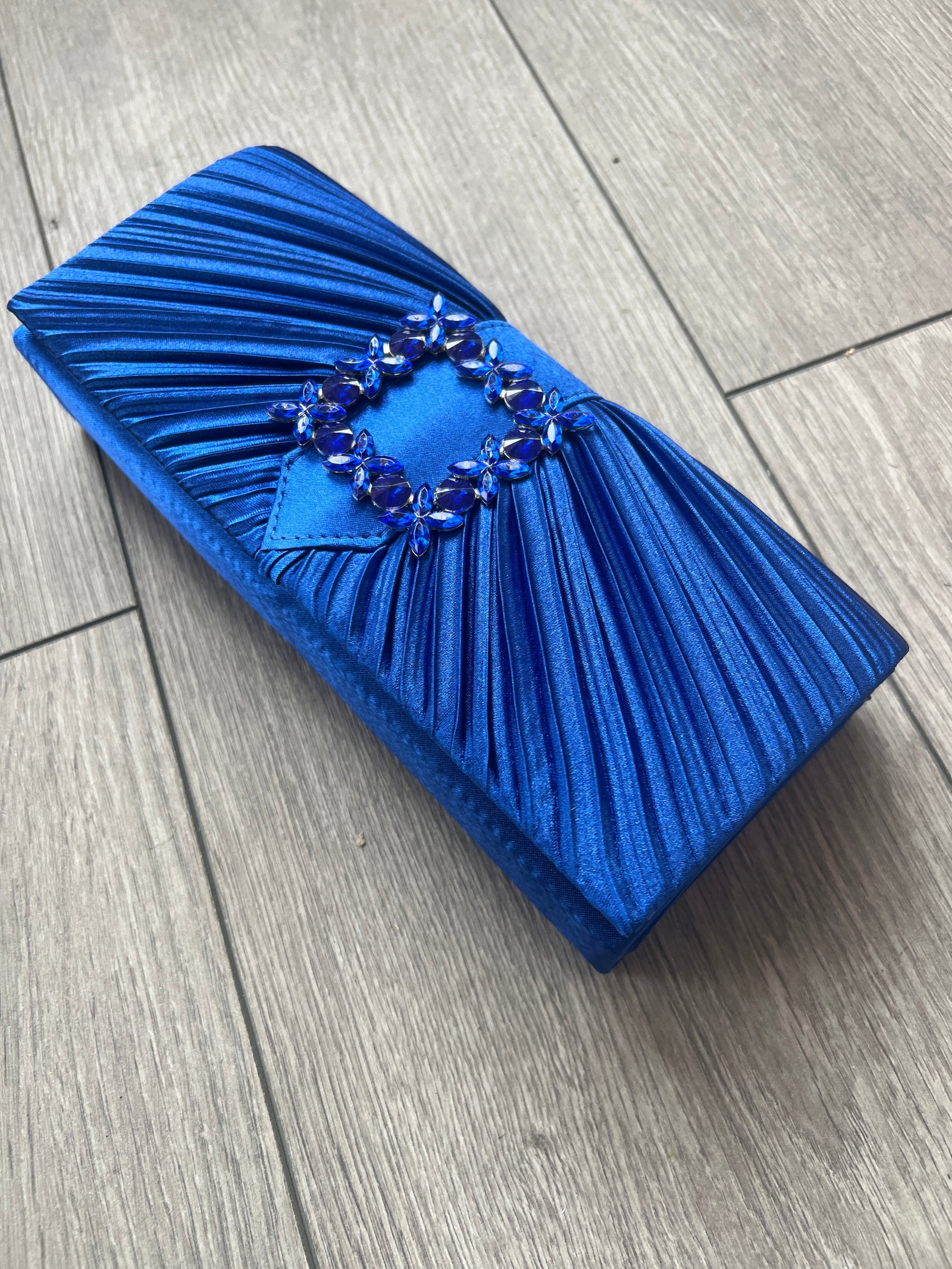 Cobalt Blue Satin Pleated Clutch Bag With Jewel Embellishment-Fascinators Direct