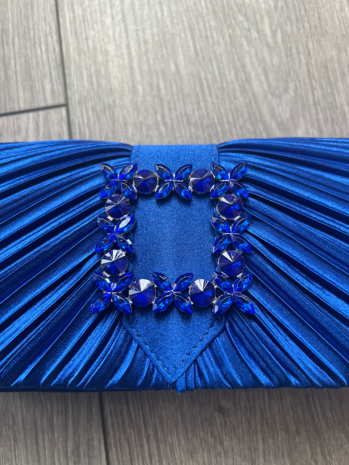 Cobalt Blue Satin Pleated Clutch Bag With Jewel Embellishment-Fascinators Direct
