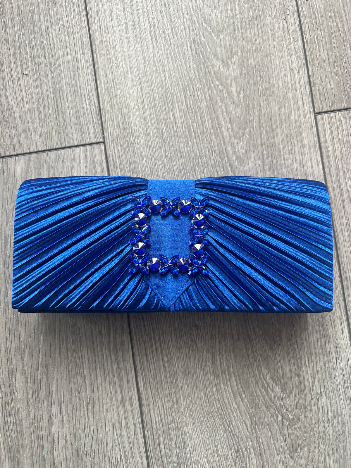 Cobalt Blue Satin Pleated Clutch Bag With Jewel Embellishment-Fascinators Direct