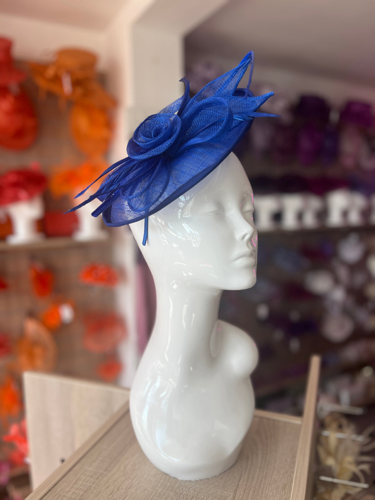 Cobalt Blue Saucer Fascinator With Flower &amp; Quill-Fascinators Direct