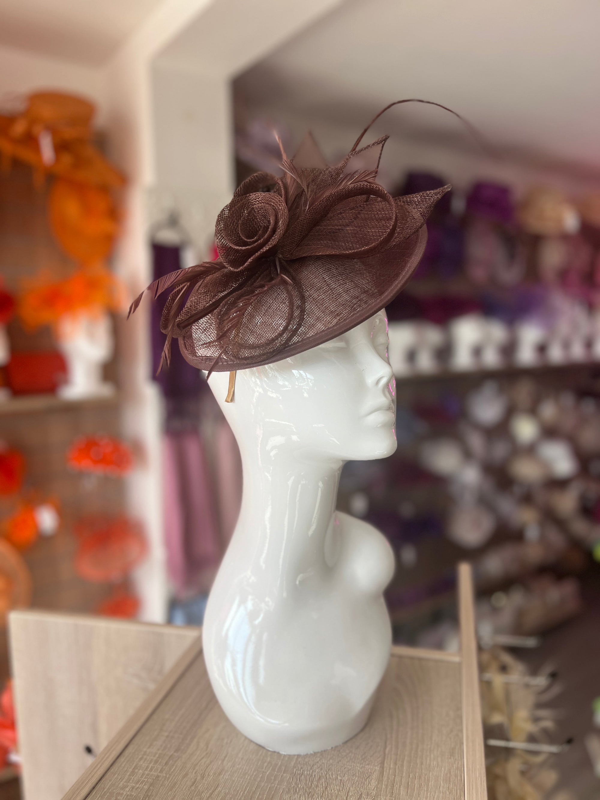 Coffee Brown Saucer Fascinator With Flower & Quill-Fascinators Direct