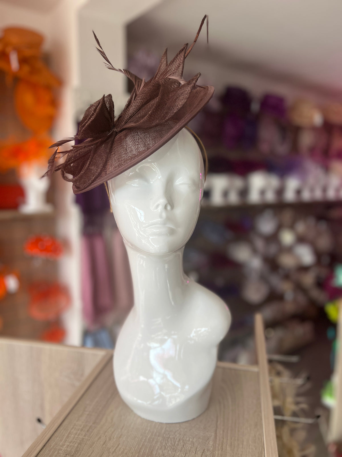 Coffee Brown Saucer Fascinator With Flower &amp; Quill-Fascinators Direct
