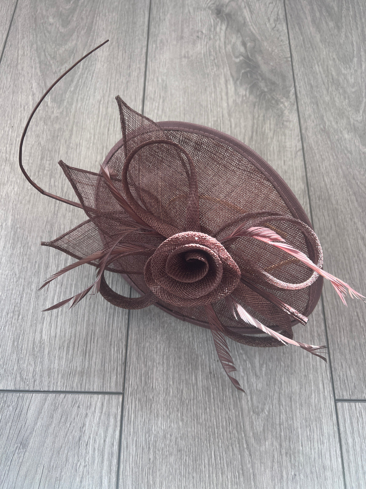 Coffee Brown Saucer Fascinator With Flower &amp; Quill-Fascinators Direct