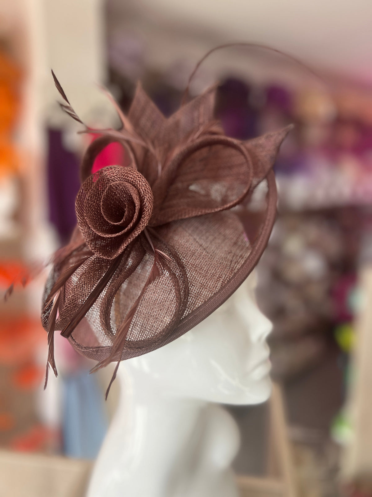 Coffee Brown Saucer Fascinator With Flower &amp; Quill-Fascinators Direct