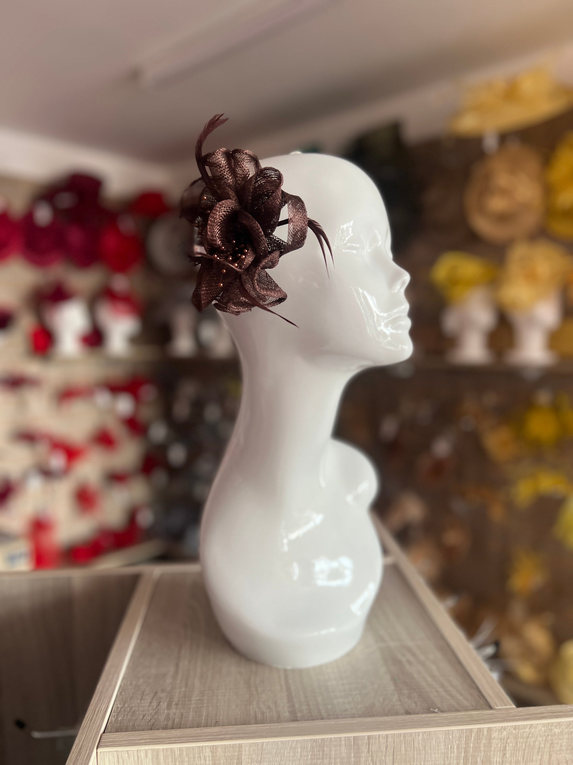 Coffee Brown Small Fascinator with Decorative Beads & Feathers-Fascinators Direct