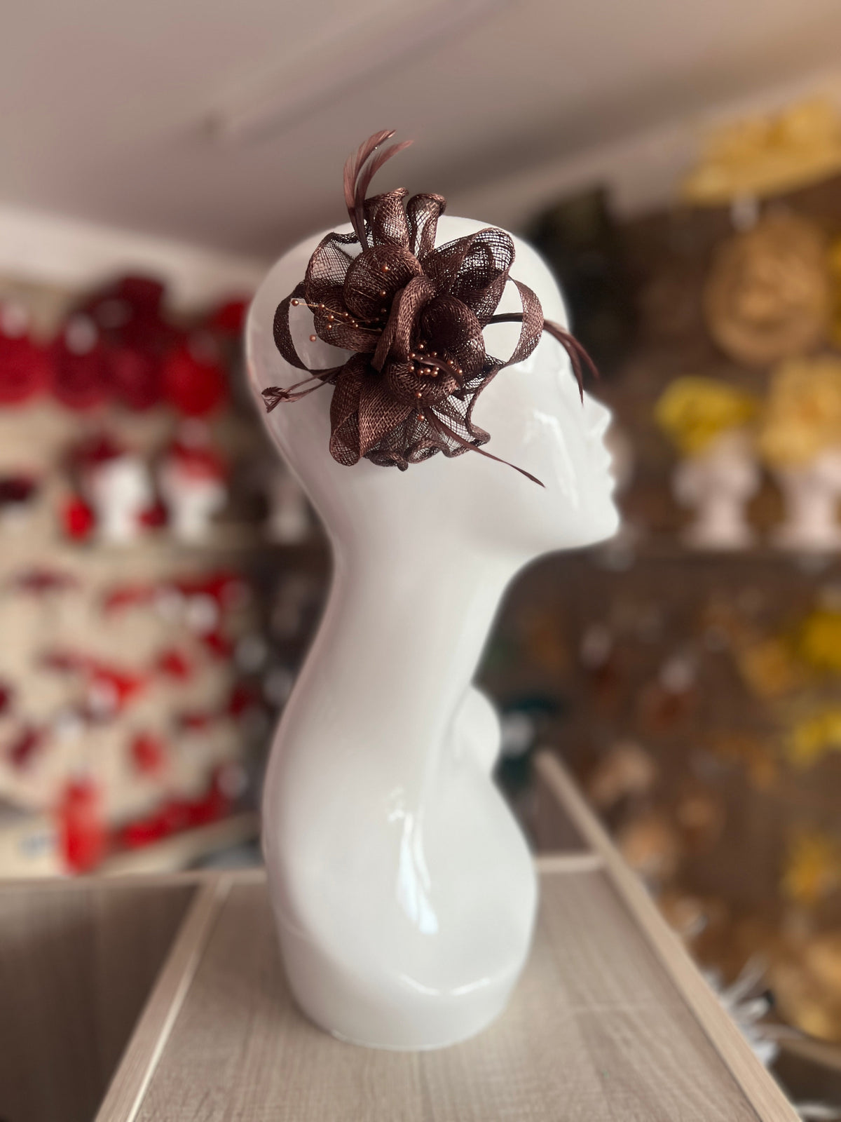Coffee Brown Small Fascinator with Decorative Beads &amp; Feathers-Fascinators Direct