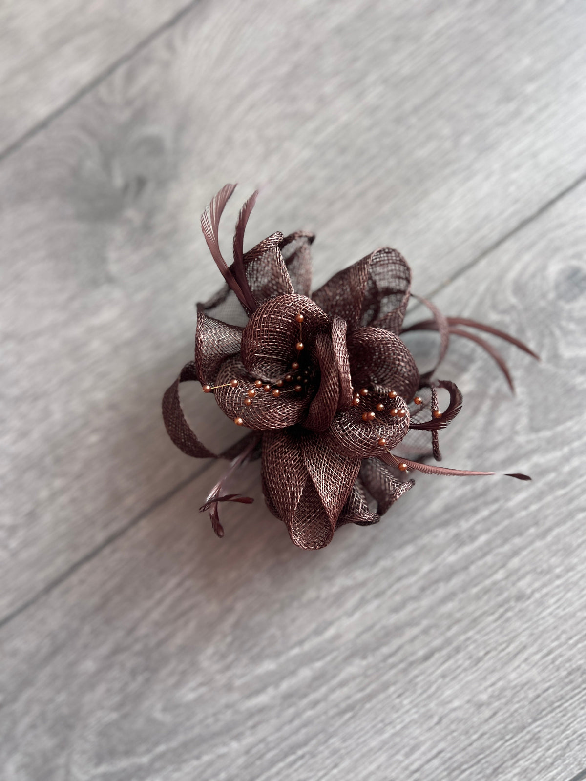 Coffee Brown Small Fascinator with Decorative Beads &amp; Feathers-Fascinators Direct