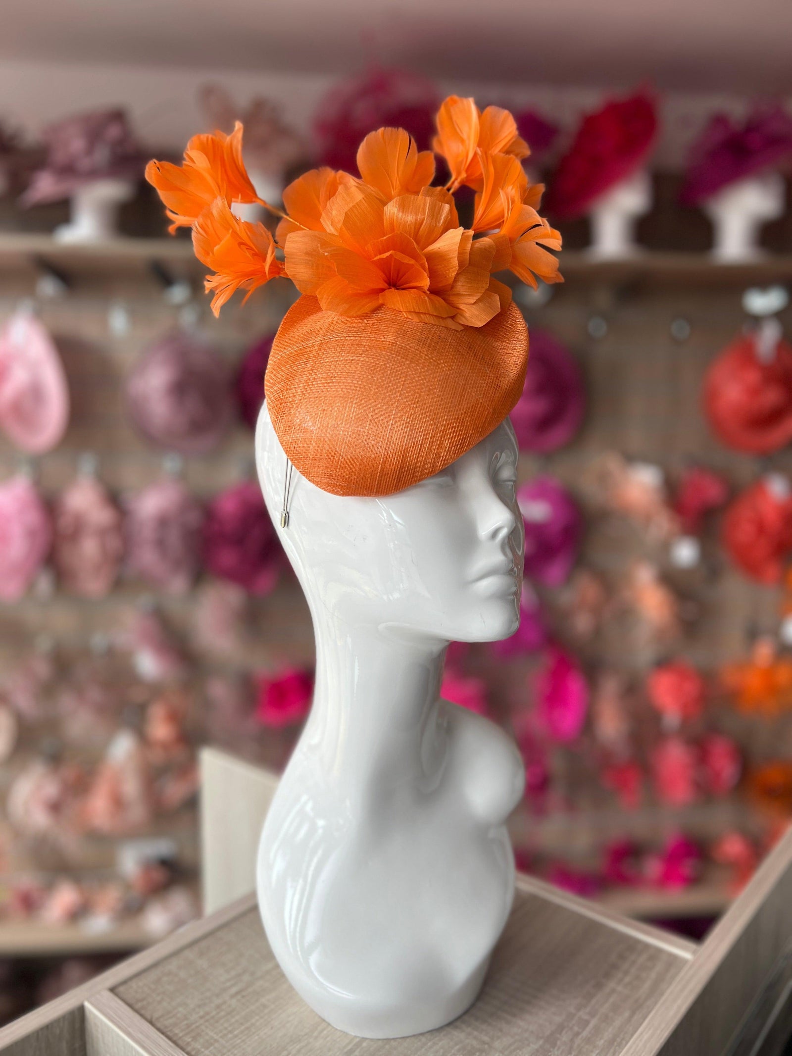 Contoured Orange Pillbox Fascinator Hat-Fascinators Direct