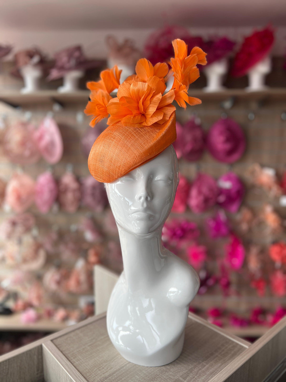 Contoured Orange Pillbox Fascinator Hat-Fascinators Direct