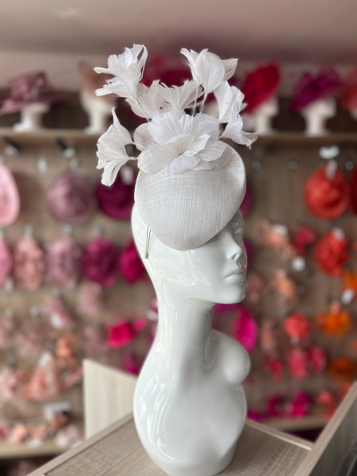 Contoured White Pillbox Fascinator Hat-Fascinators Direct