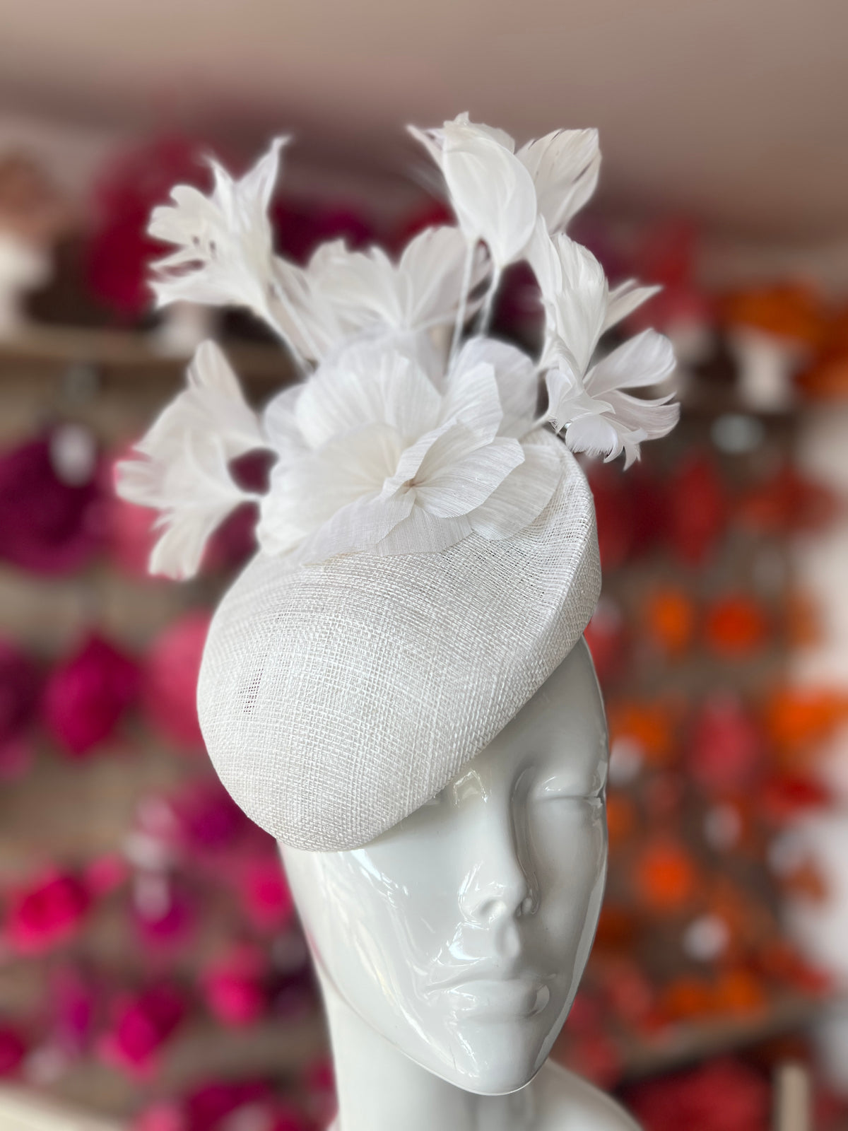 Contoured White Pillbox Fascinator Hat-Fascinators Direct