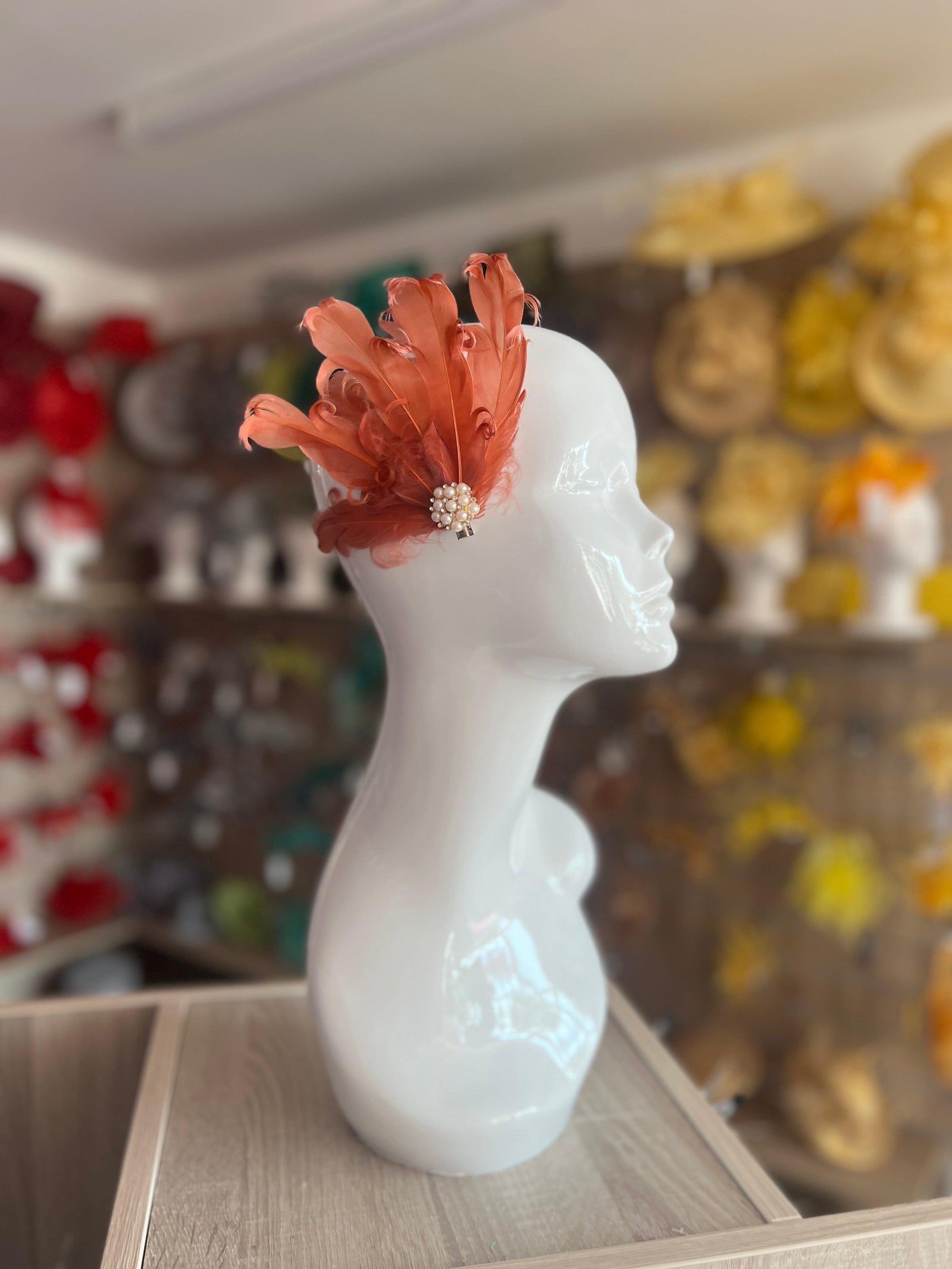 Copper Fascinator Clip with Vintage Feathers & Pearls-Fascinators Direct