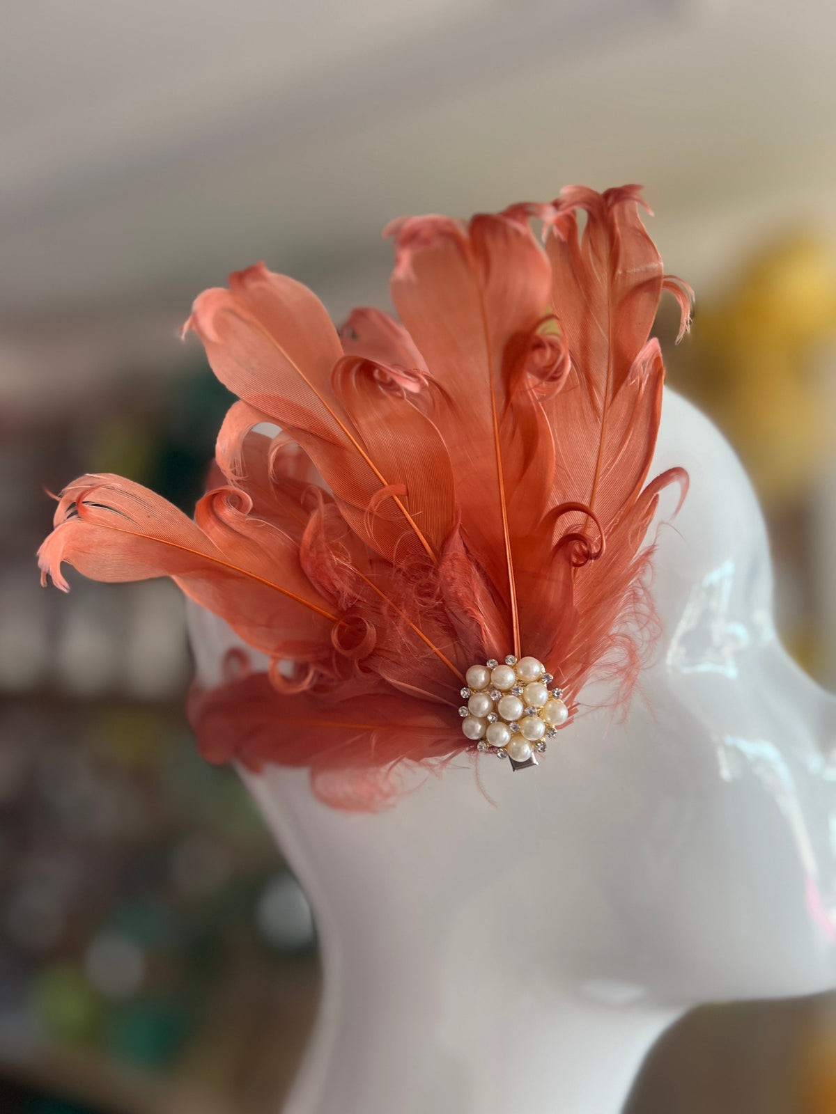 Copper Fascinator Clip with Vintage Feathers &amp; Pearls-Fascinators Direct