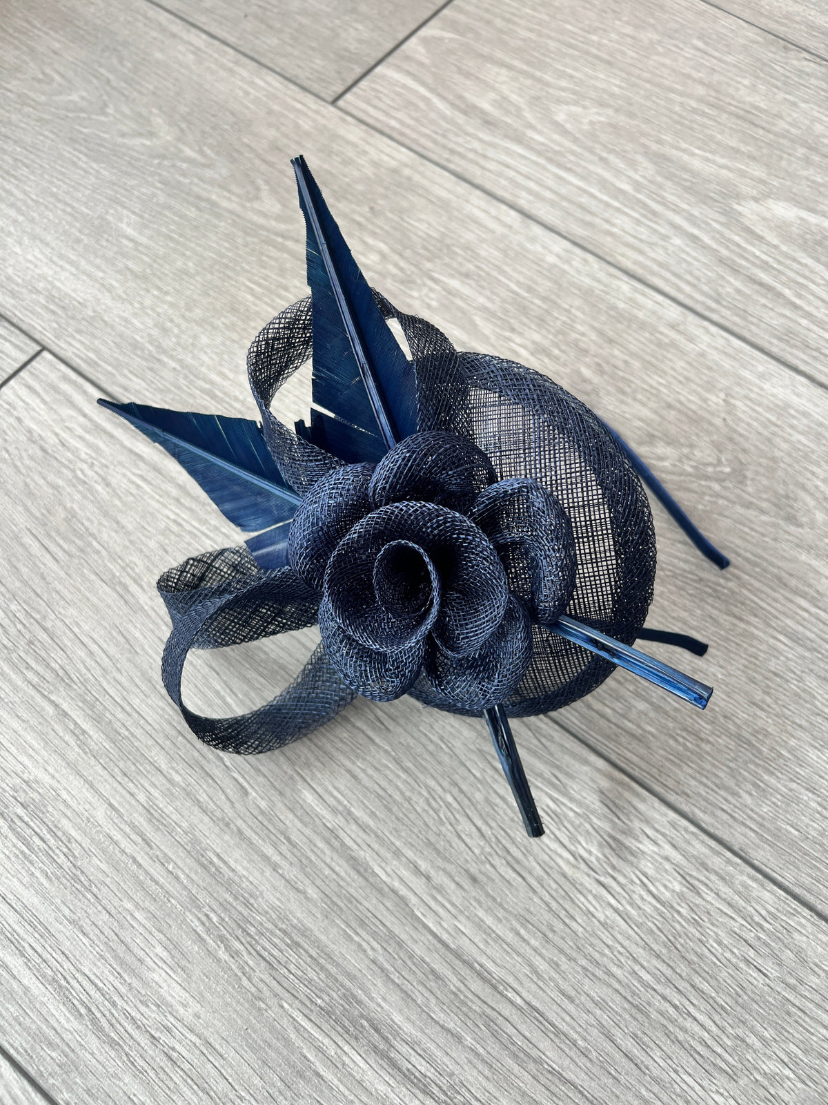 (Copy) Navy Hair Fascinator with Sinamay Flower &amp; Feather Quill-Fascinators Direct