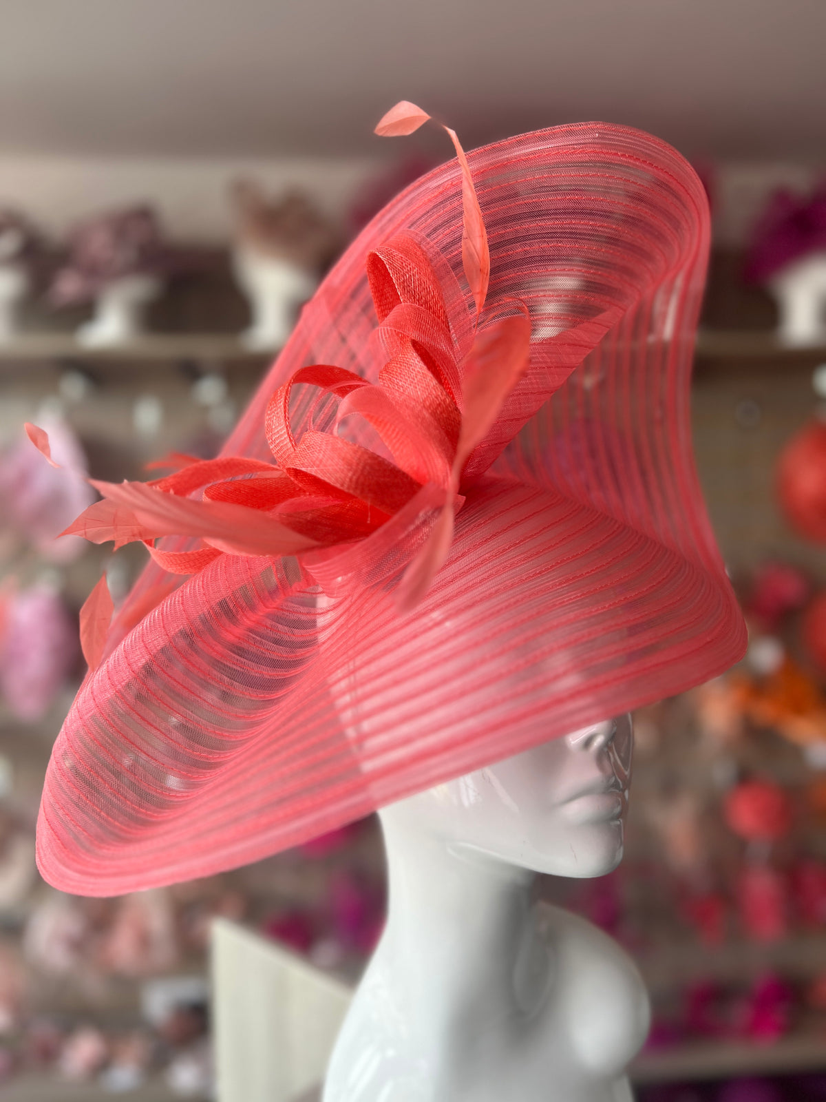Coral Crinoline Hatinator with Loops &amp; Feathers-Fascinators Direct