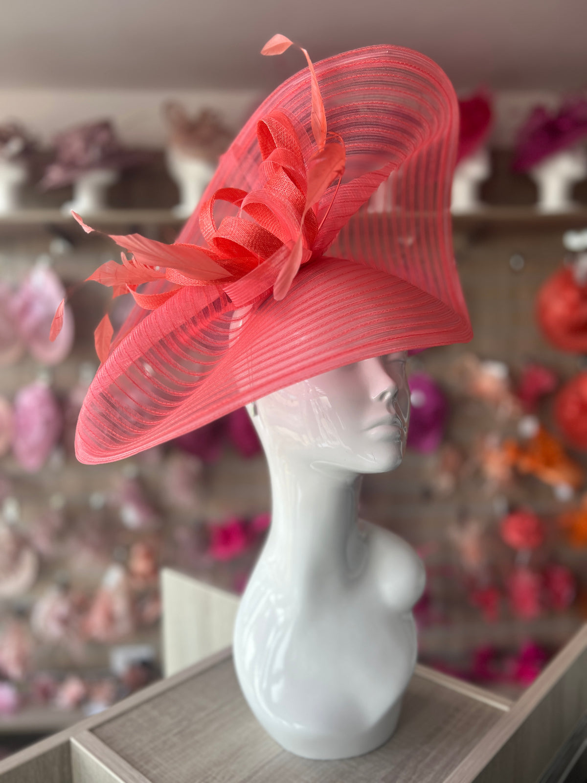 Coral Crinoline Hatinator with Loops &amp; Feathers-Fascinators Direct