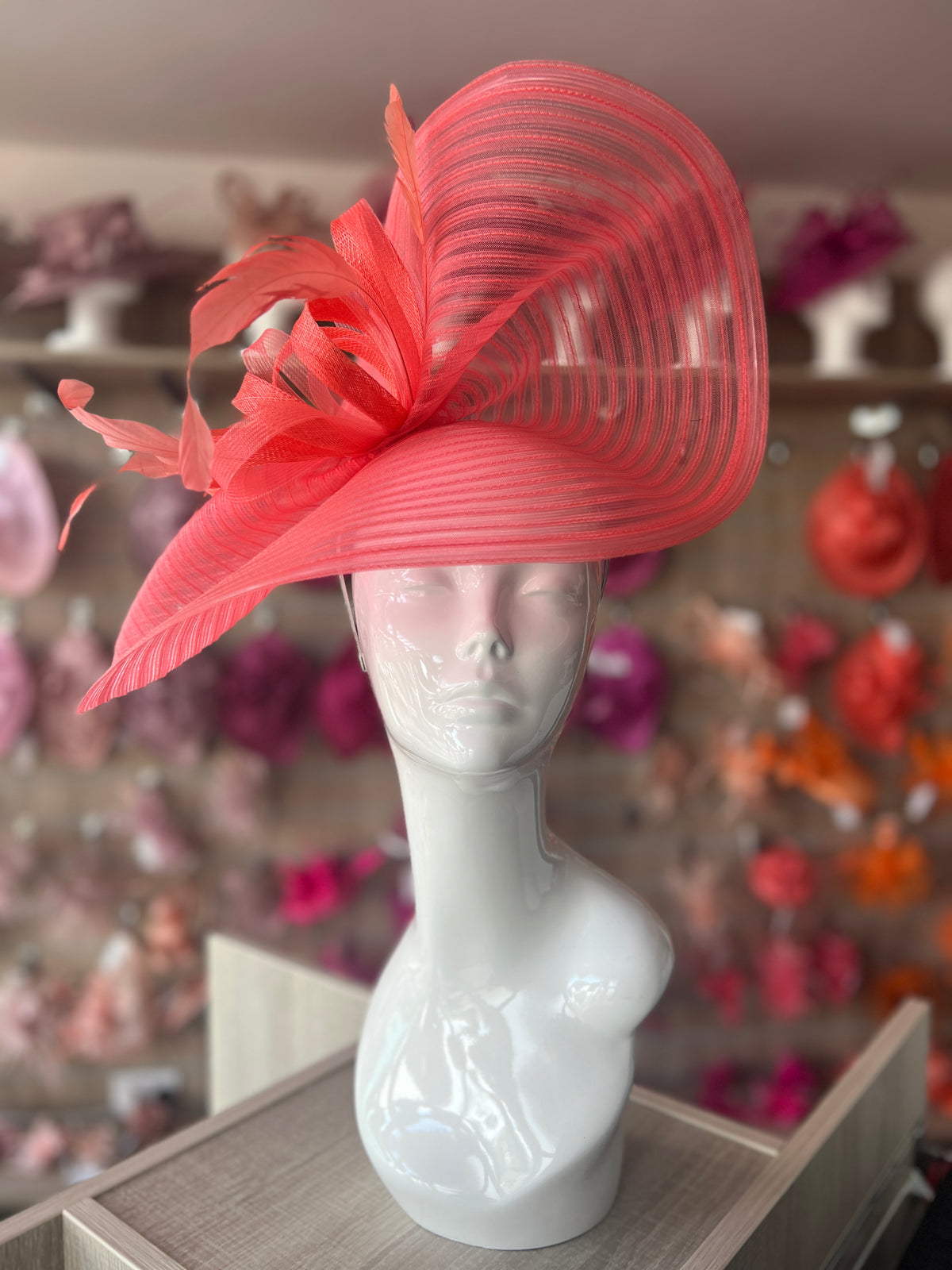 Coral Crinoline Hatinator with Loops &amp; Feathers-Fascinators Direct