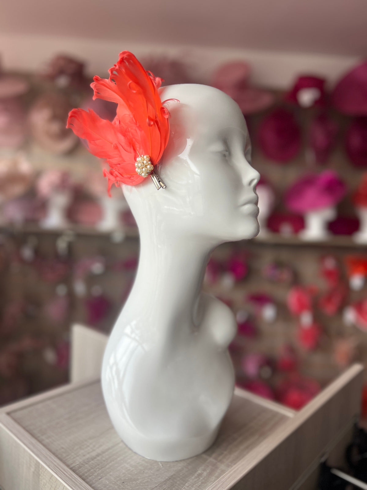 Coral Fascinator Clip with Vintage Feathers &amp; Pearls-Fascinators Direct