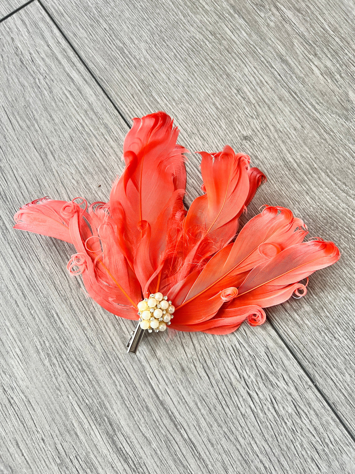 Coral Fascinator Clip with Vintage Feathers &amp; Pearls-Fascinators Direct