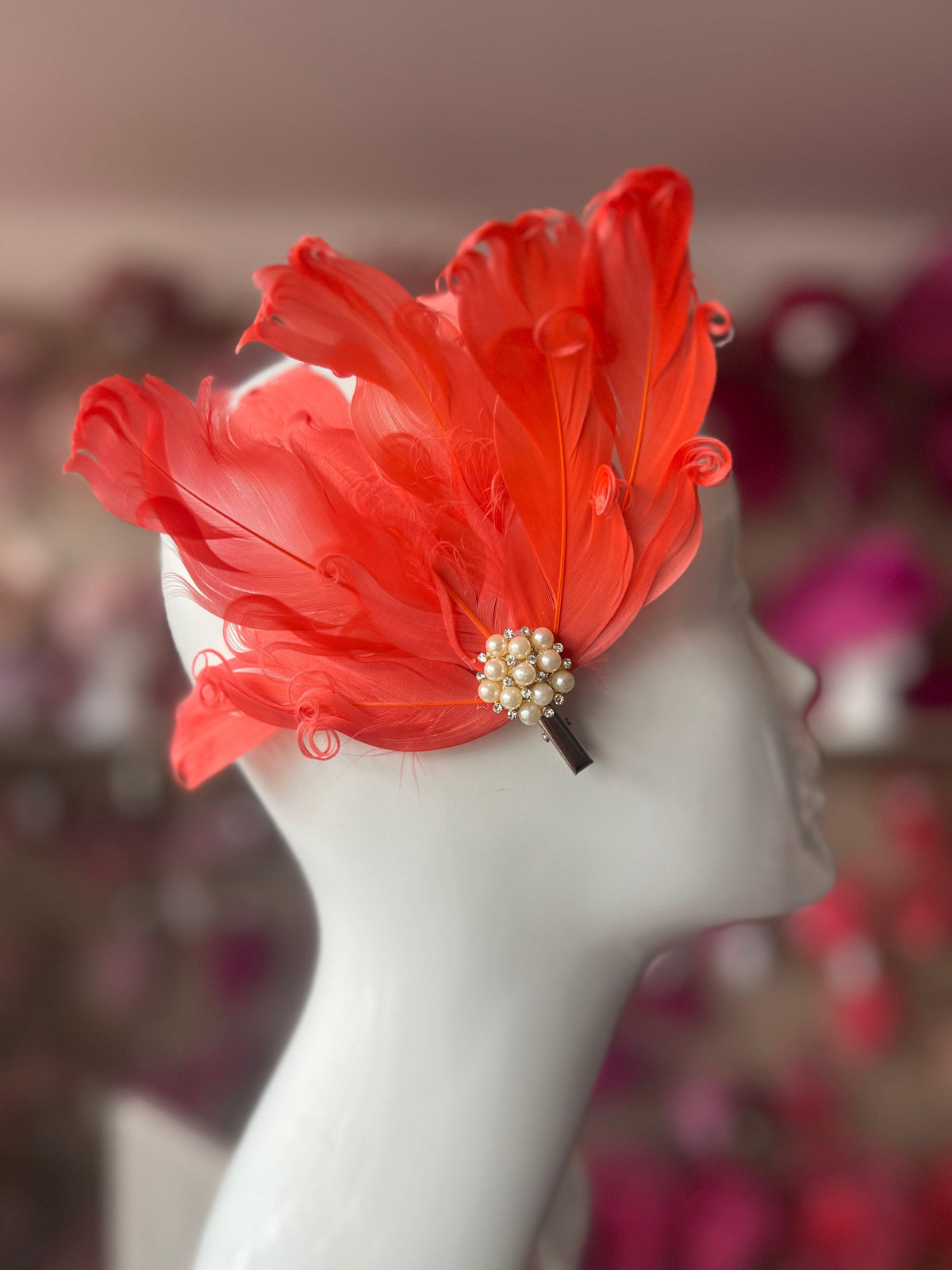 Coral Fascinator Clip with Vintage Feathers &amp; Pearls-Fascinators Direct