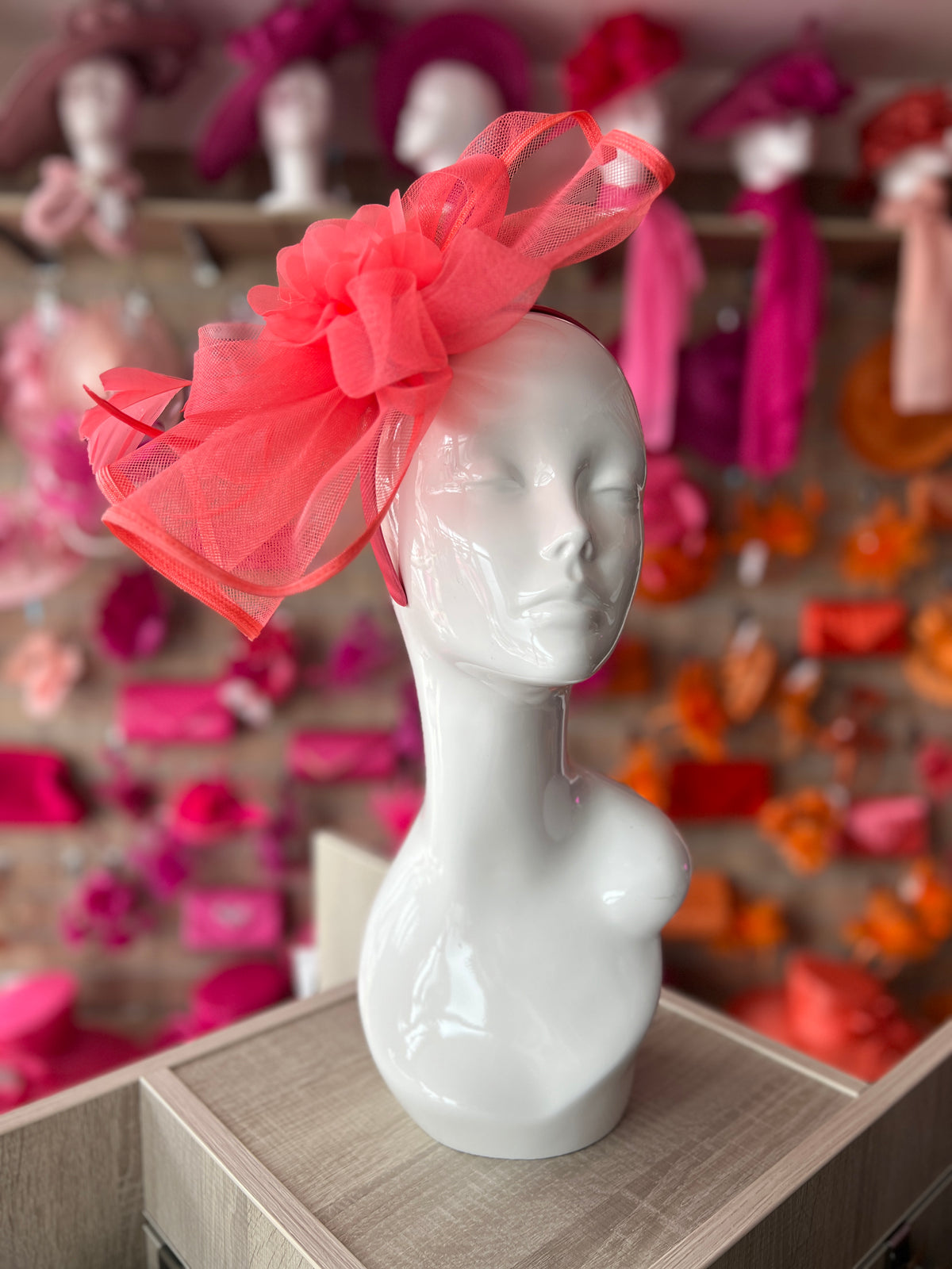 Coral Fascinator Fluted Crinoline &amp; Flower-Fascinators Direct