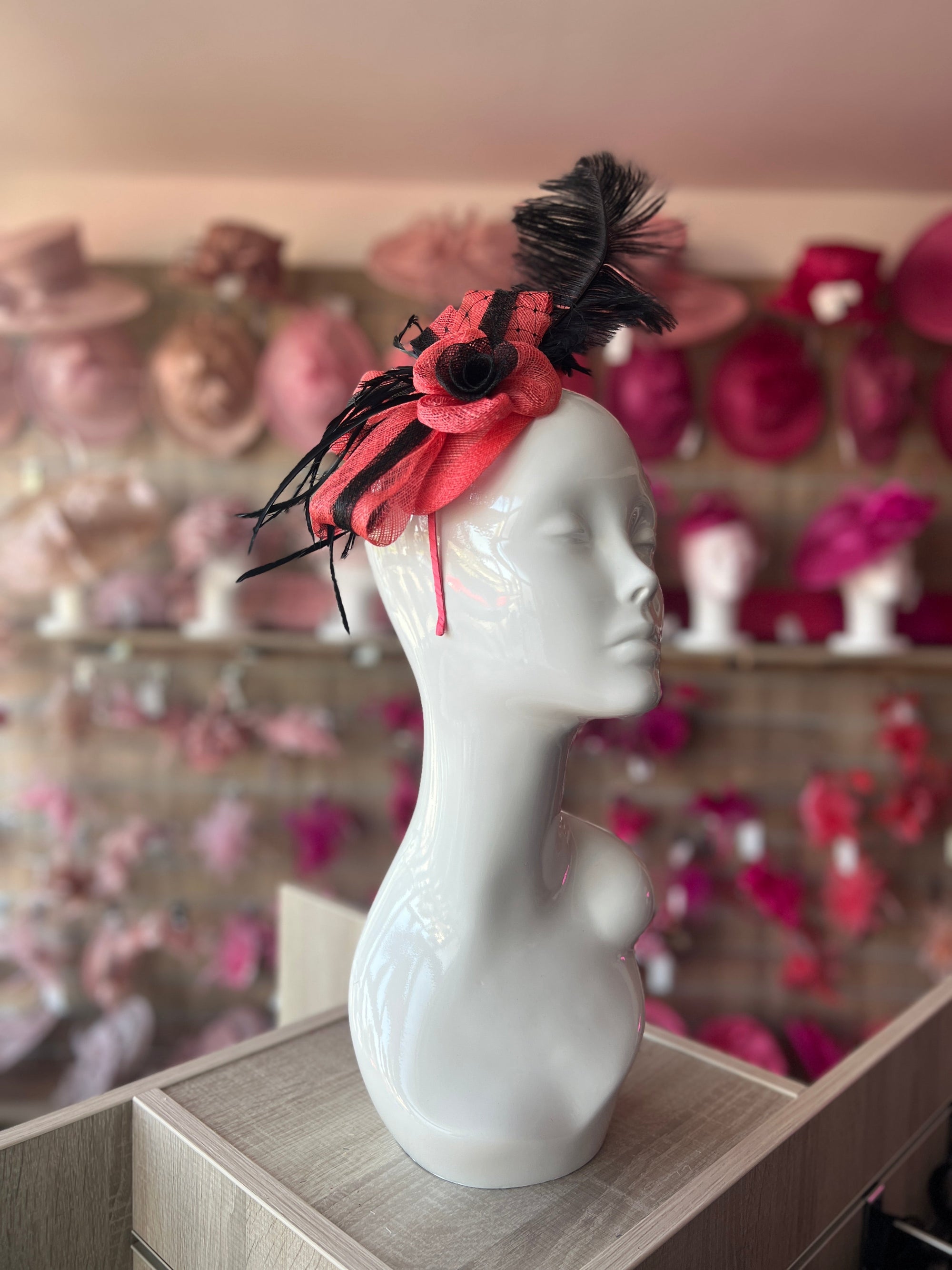 Coral Fascinator Headband With Large Black Feathers-Fascinators Direct