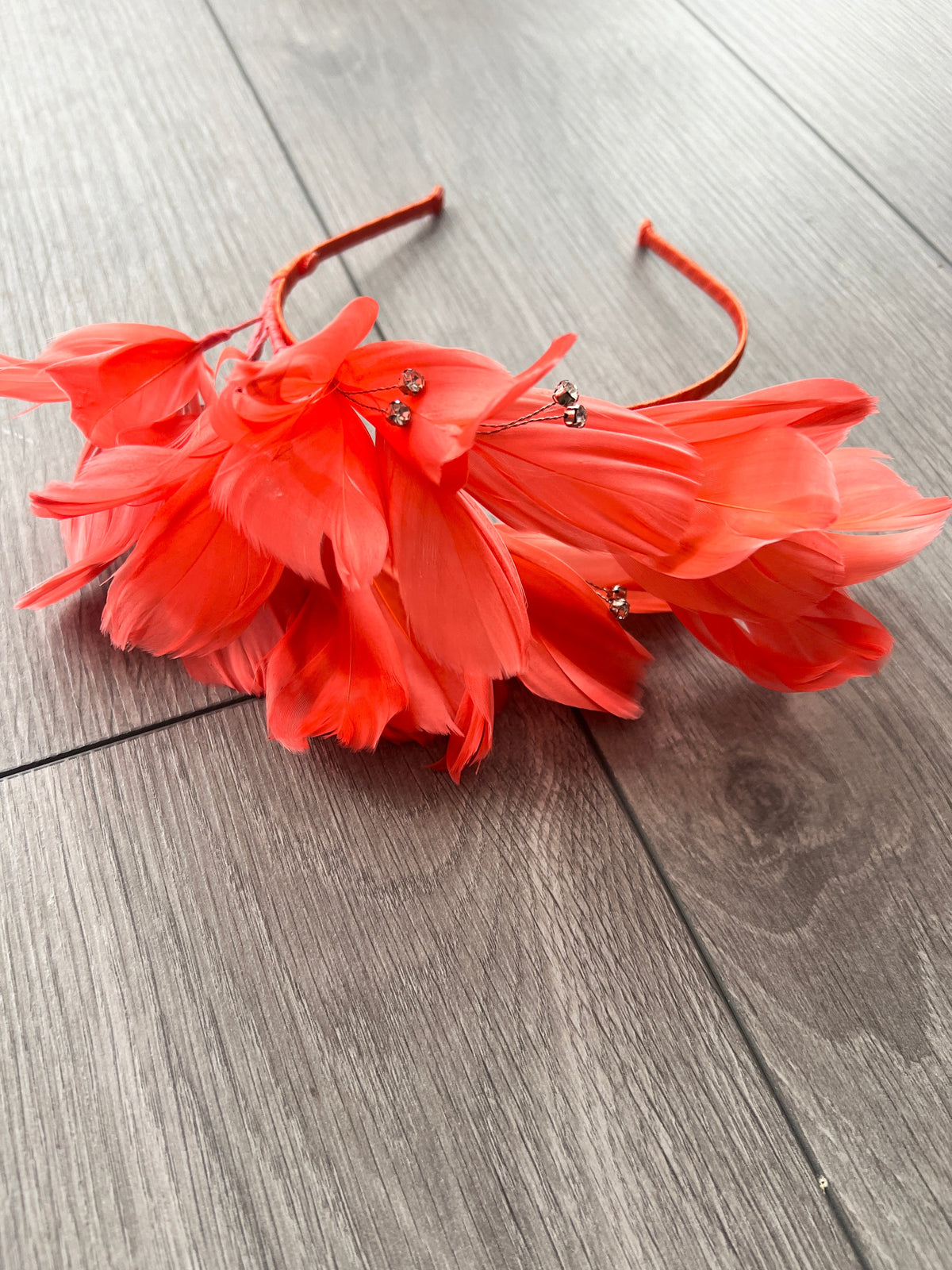 Coral Fascinator Headband with Feather Petals &amp; Diamanté-Fascinators Direct