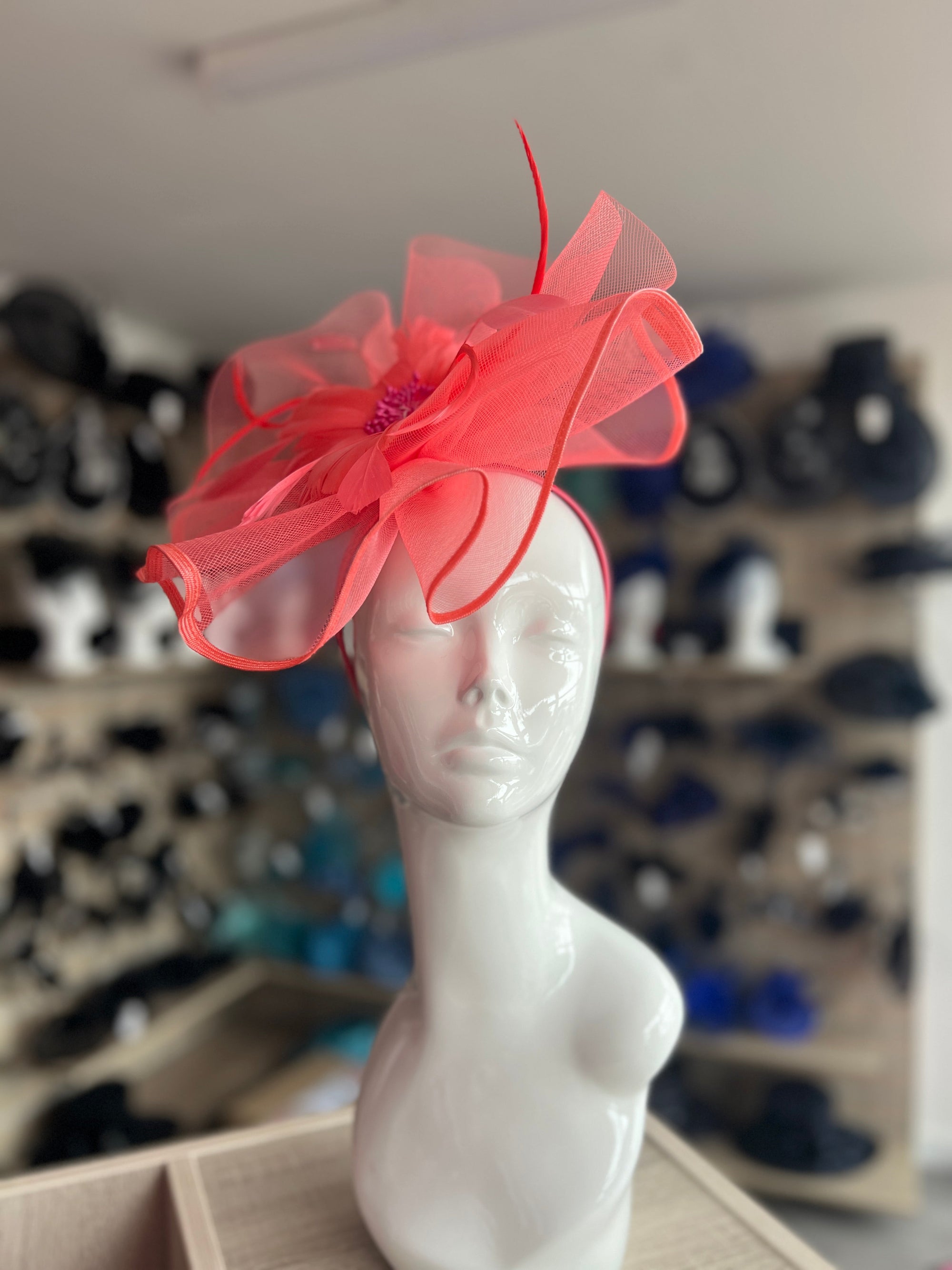 Coral Large Fascinator with Ruched Crinoline & Flower-Fascinators Direct