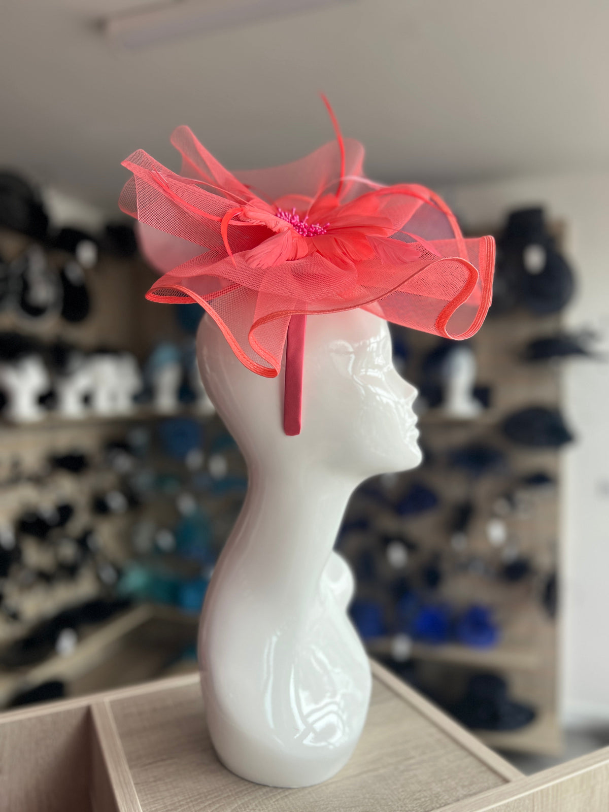 Coral Large Fascinator with Ruched Crinoline &amp; Flower-Fascinators Direct