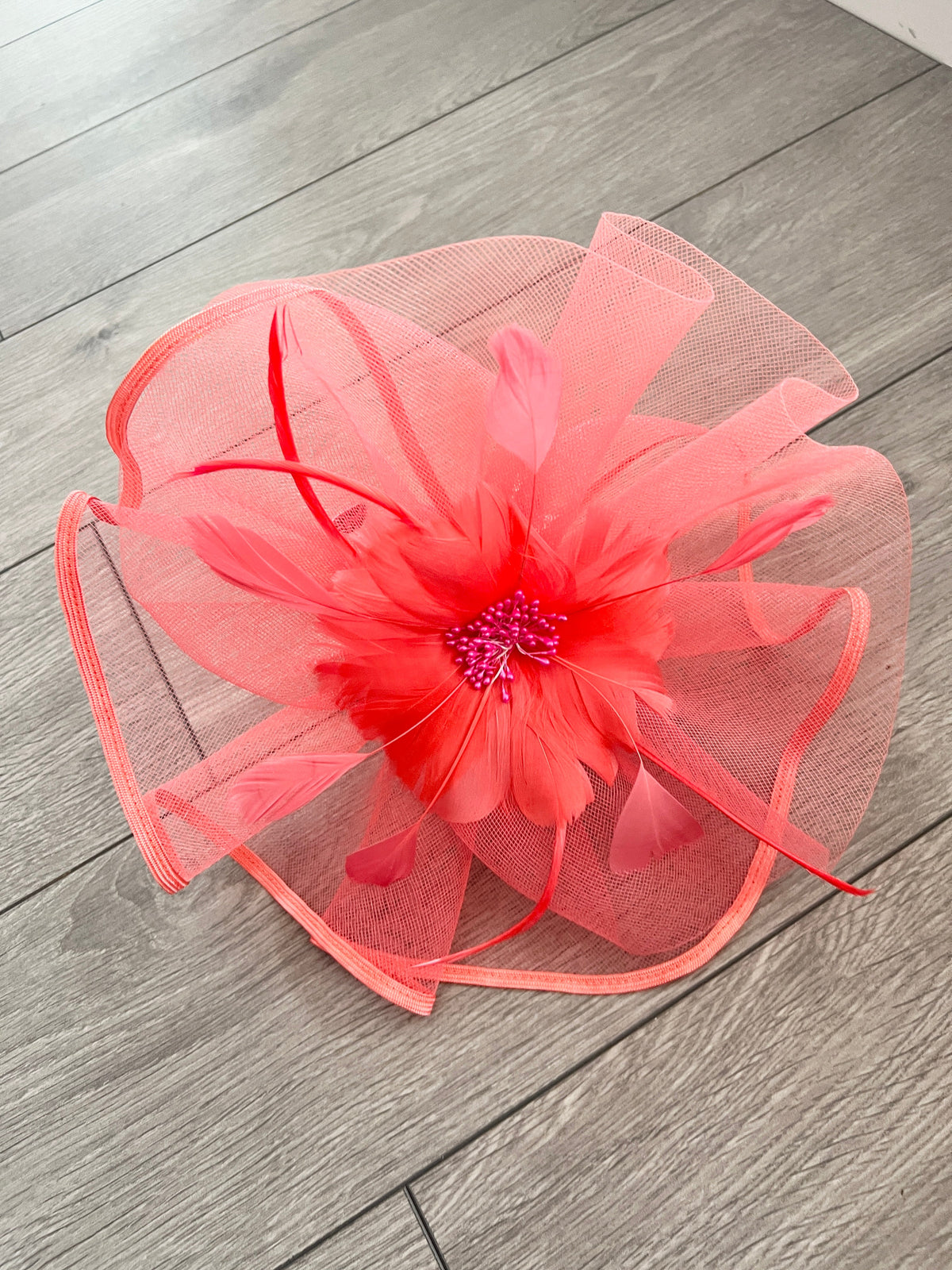 Coral Large Fascinator with Ruched Crinoline &amp; Flower-Fascinators Direct