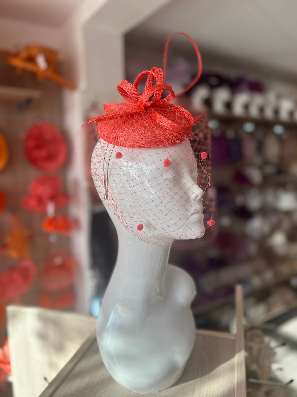 Coral Pillbox Hat with Veil &amp; Curled Quill-Fascinators Direct