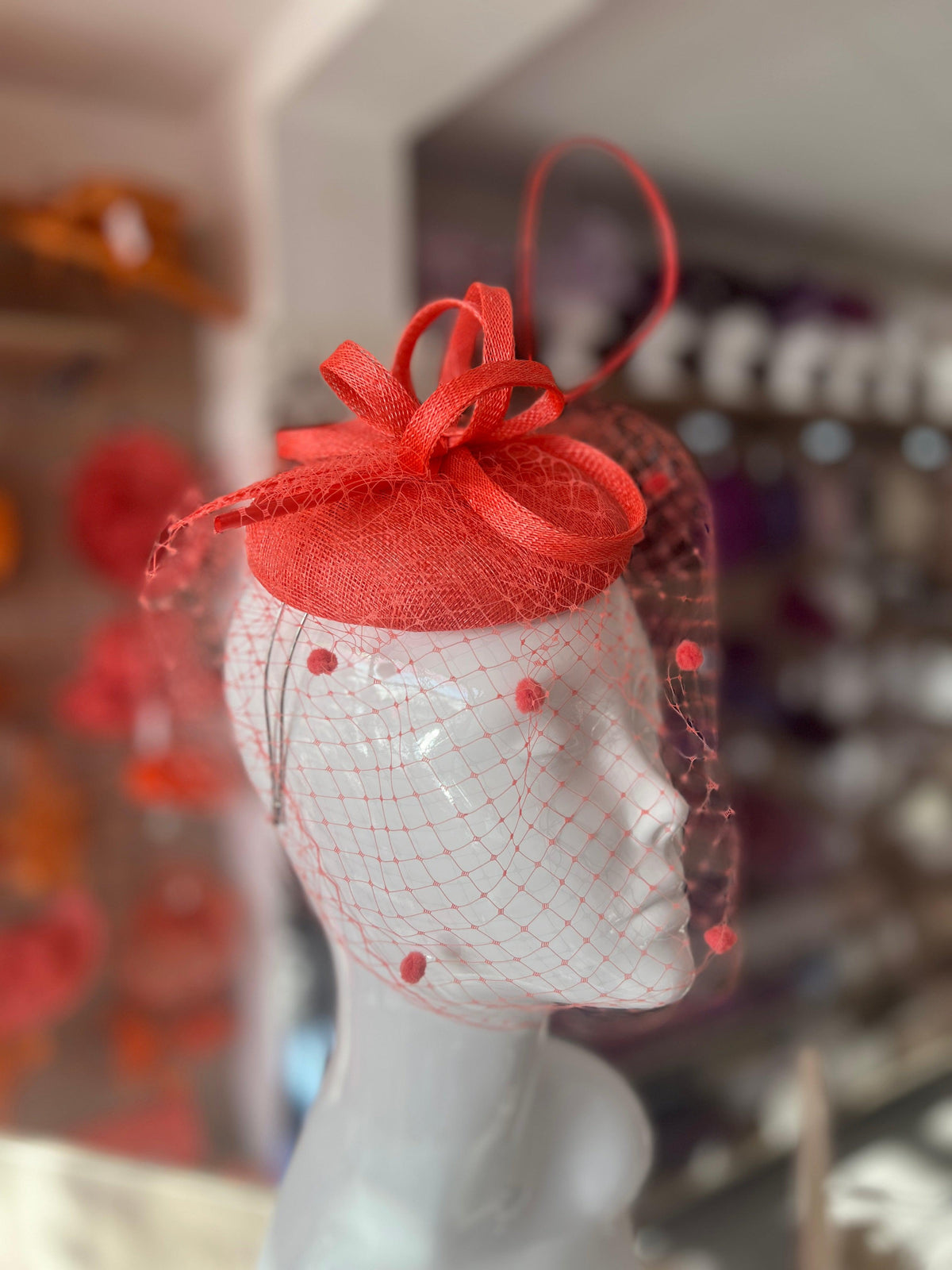 Coral Pillbox Hat with Veil &amp; Curled Quill-Fascinators Direct