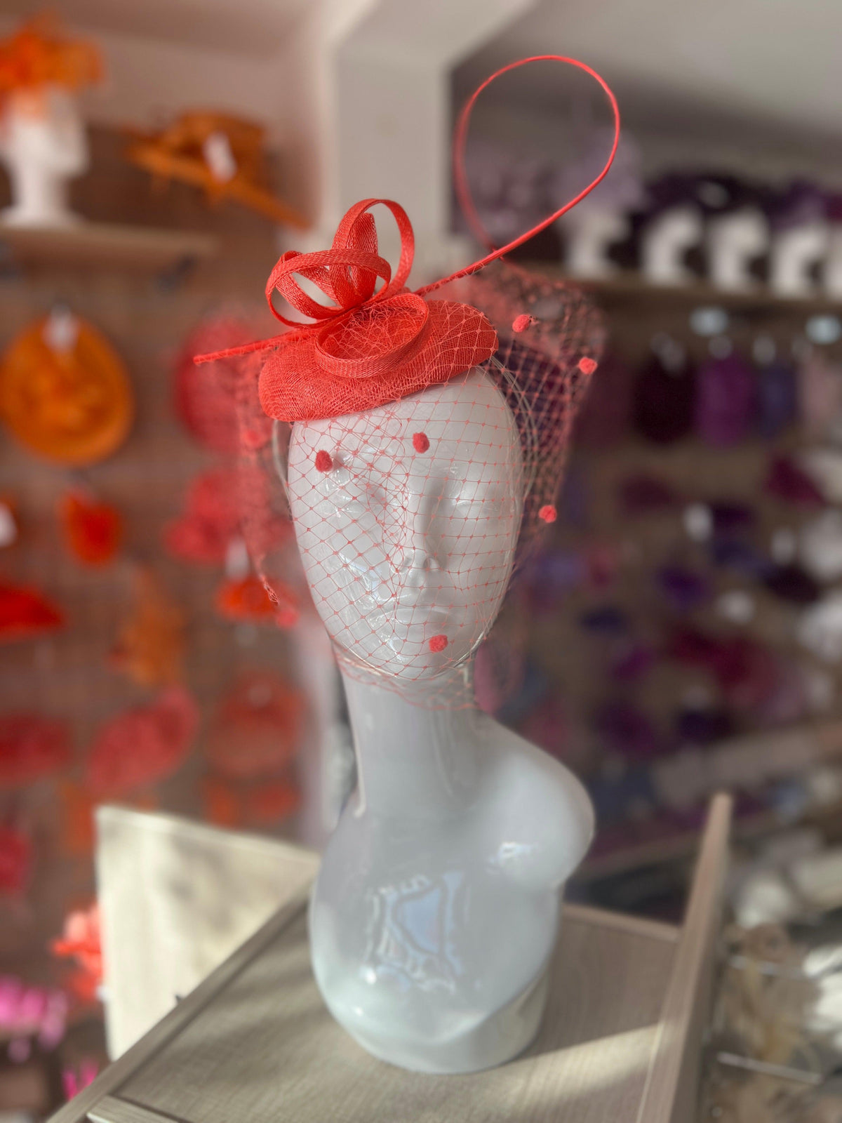 Coral Pillbox Hat with Veil &amp; Curled Quill-Fascinators Direct