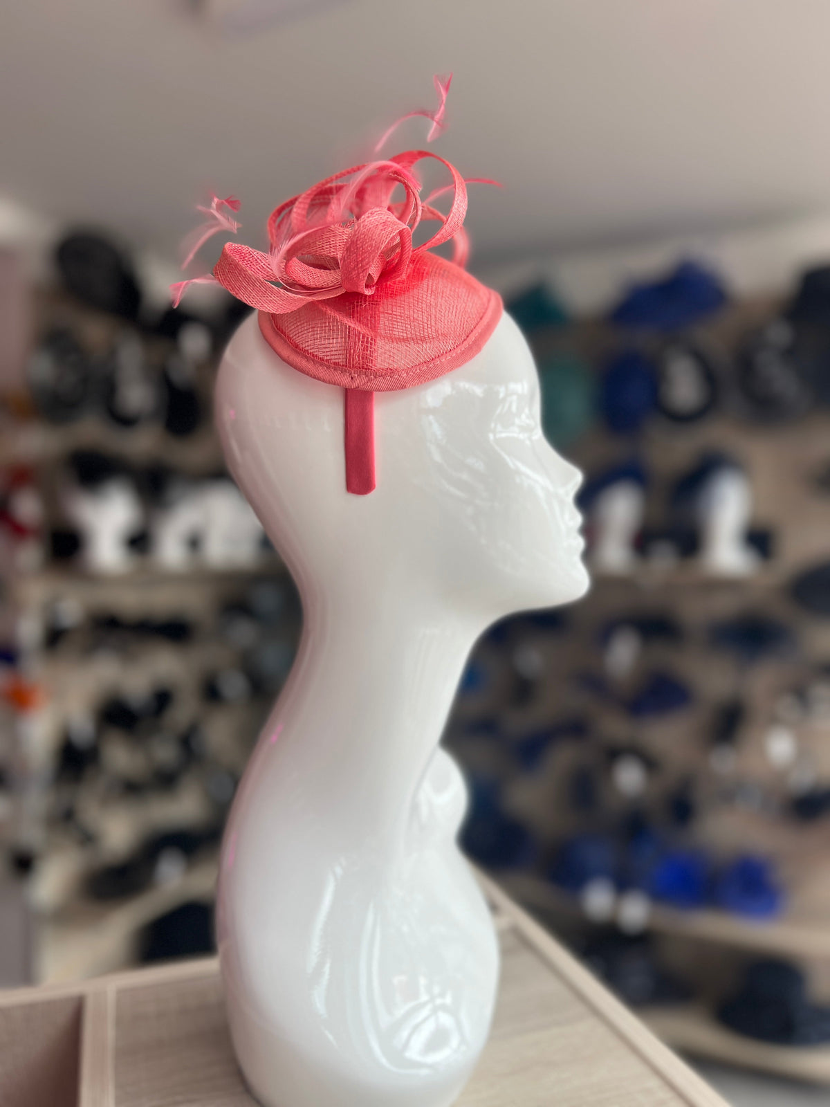 Coral Pink Teardrop Fascinator with Curled Sinamay Loops-Fascinators Direct