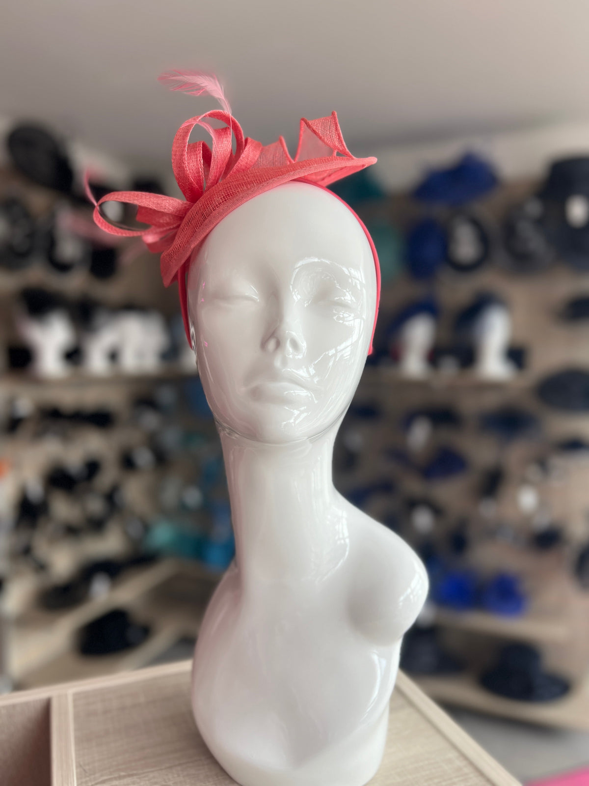 Coral Pink Teardrop Fascinator with Curled Sinamay Loops-Fascinators Direct