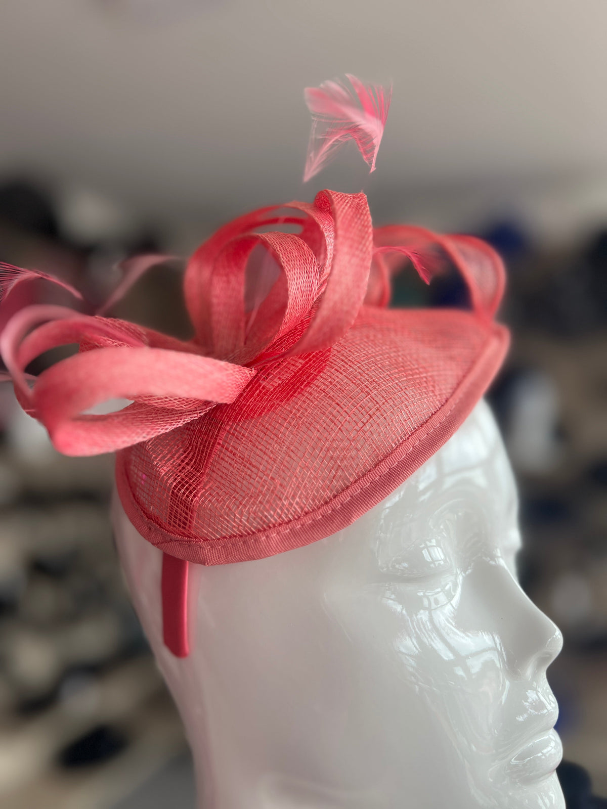 Coral Pink Teardrop Fascinator with Curled Sinamay Loops-Fascinators Direct