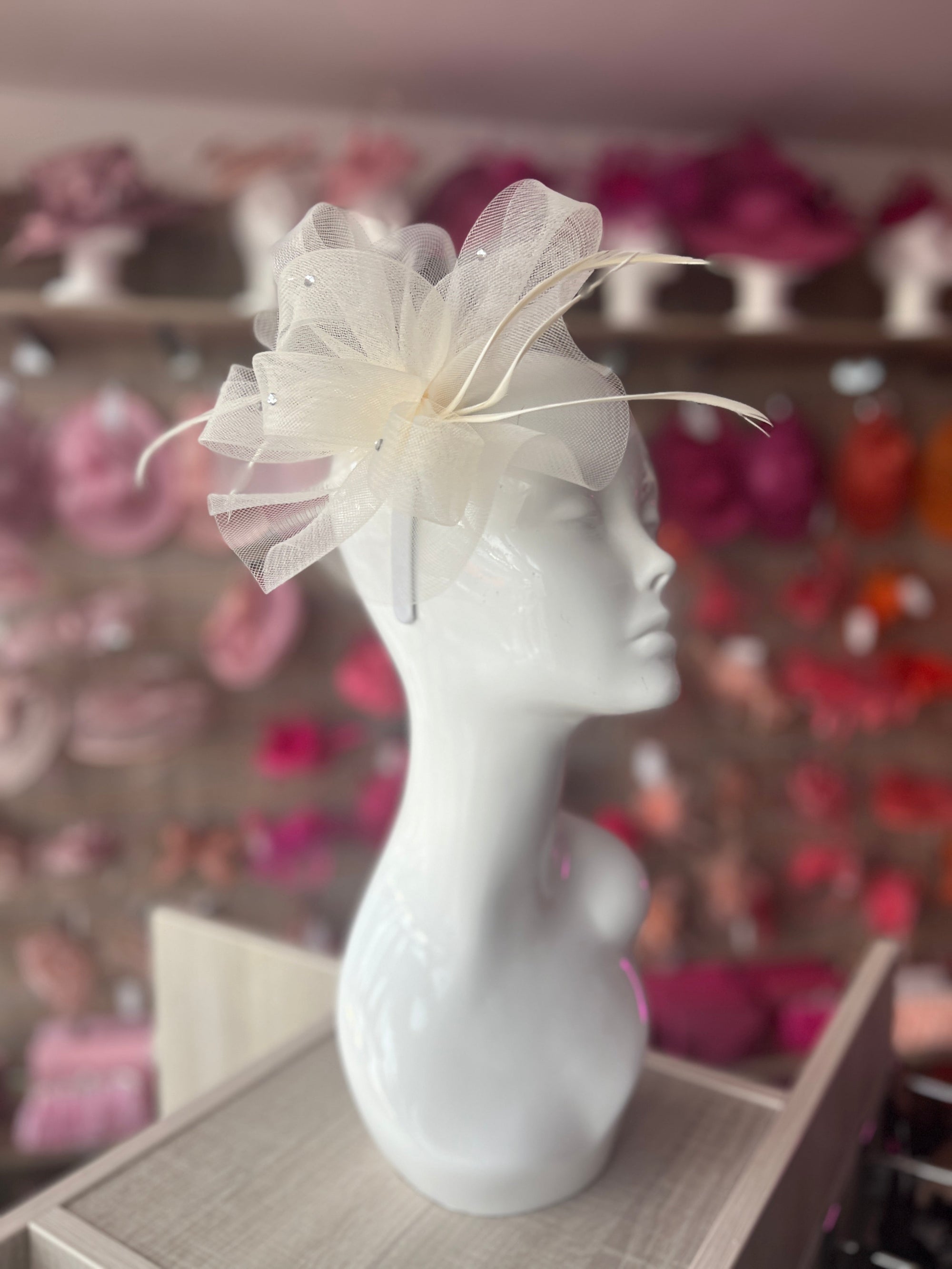 Cream Diamante Fascinator With Ruched Crinoline & Feathers-Fascinators Direct