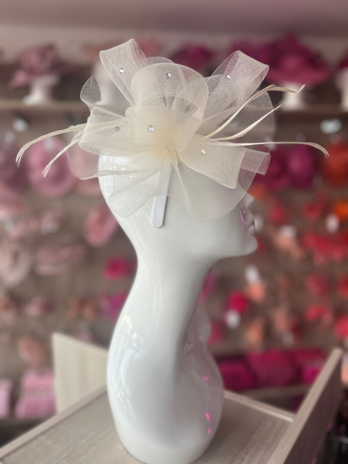 Cream Diamante Fascinator With Ruched Crinoline &amp; Feathers-Fascinators Direct