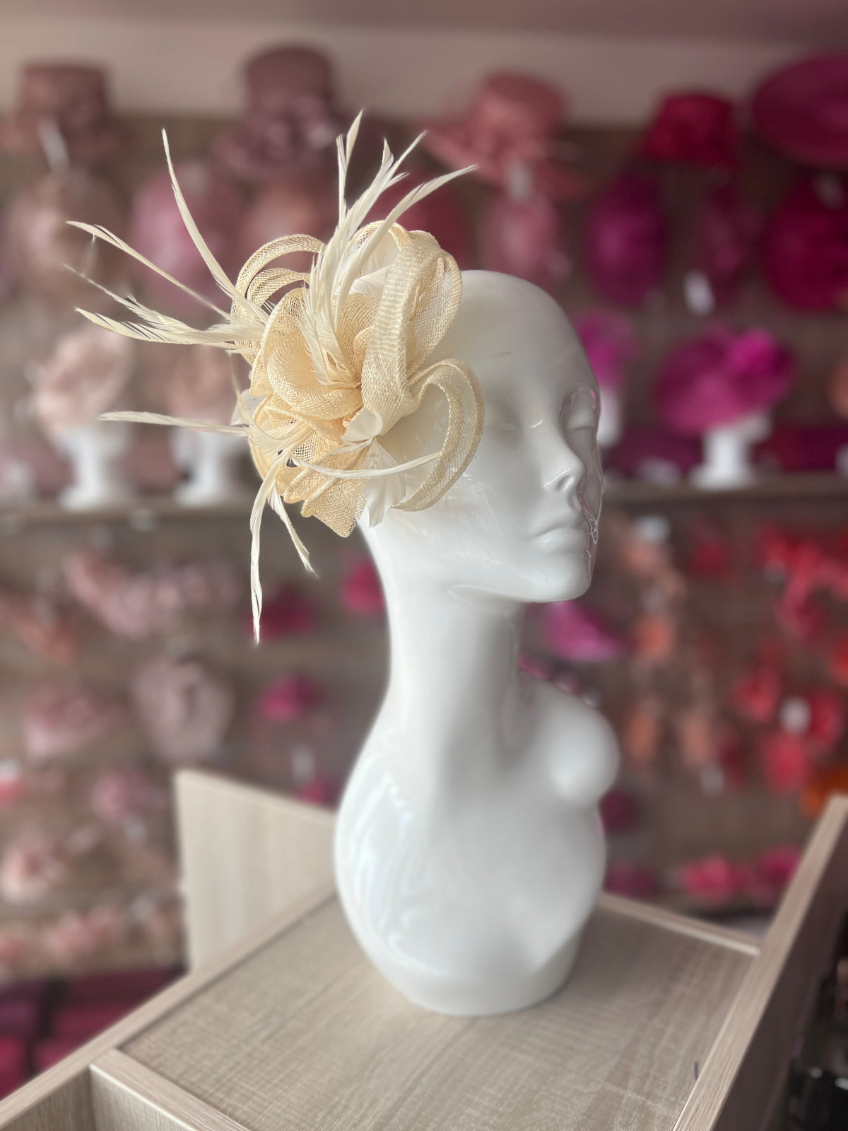 Cream Flower Fascinator with Loops &amp; Feathers-Fascinators Direct