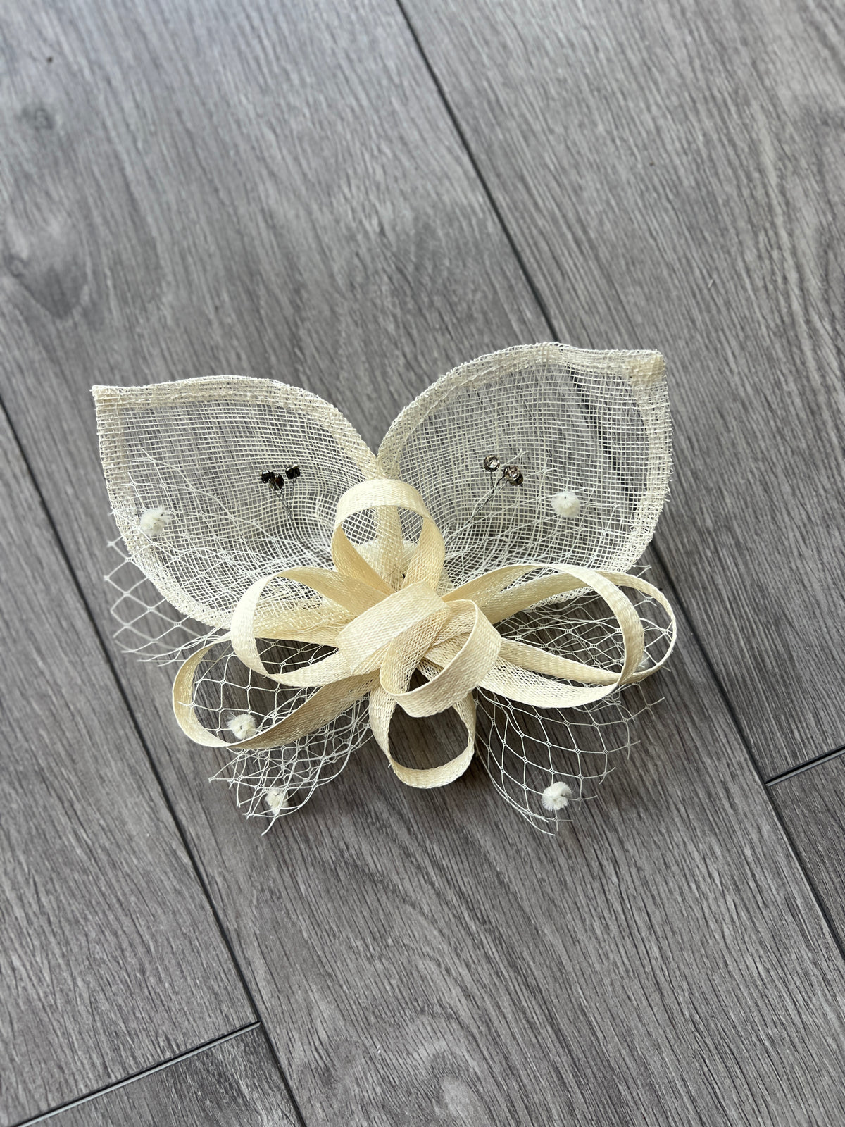 Cream Hair Fascinator With Netting &amp; Diamantes-Fascinators Direct