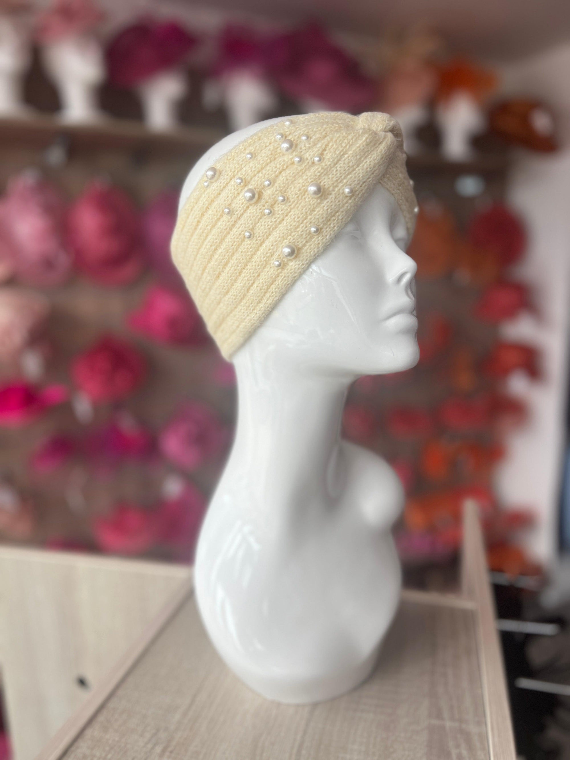 Cream Knitted Headband Ear Warmer With Assorted Pearls-Fascinators Direct