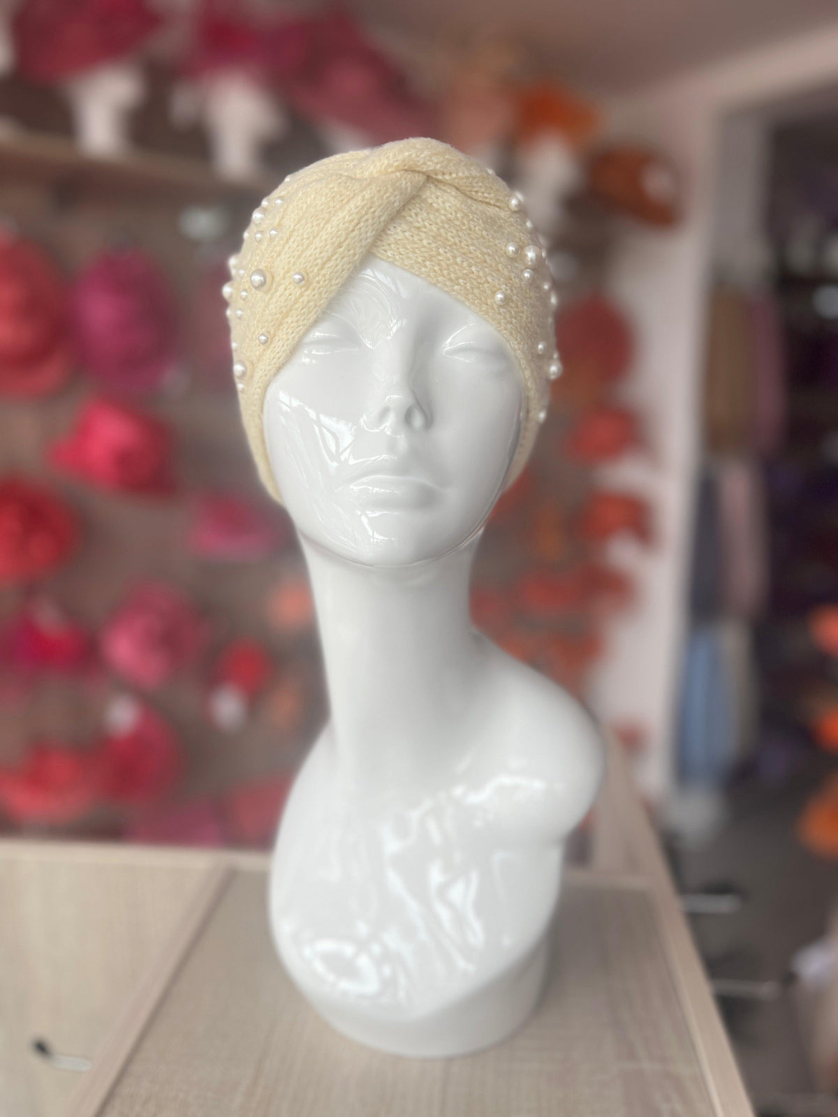 Cream Knitted Headband Ear Warmer With Assorted Pearls-Fascinators Direct