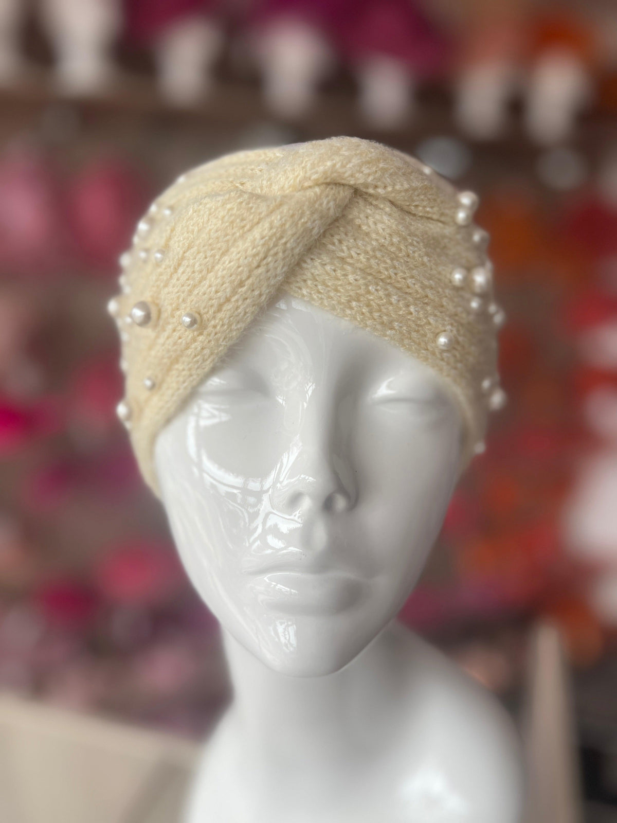 Cream Knitted Headband Ear Warmer With Assorted Pearls-Fascinators Direct