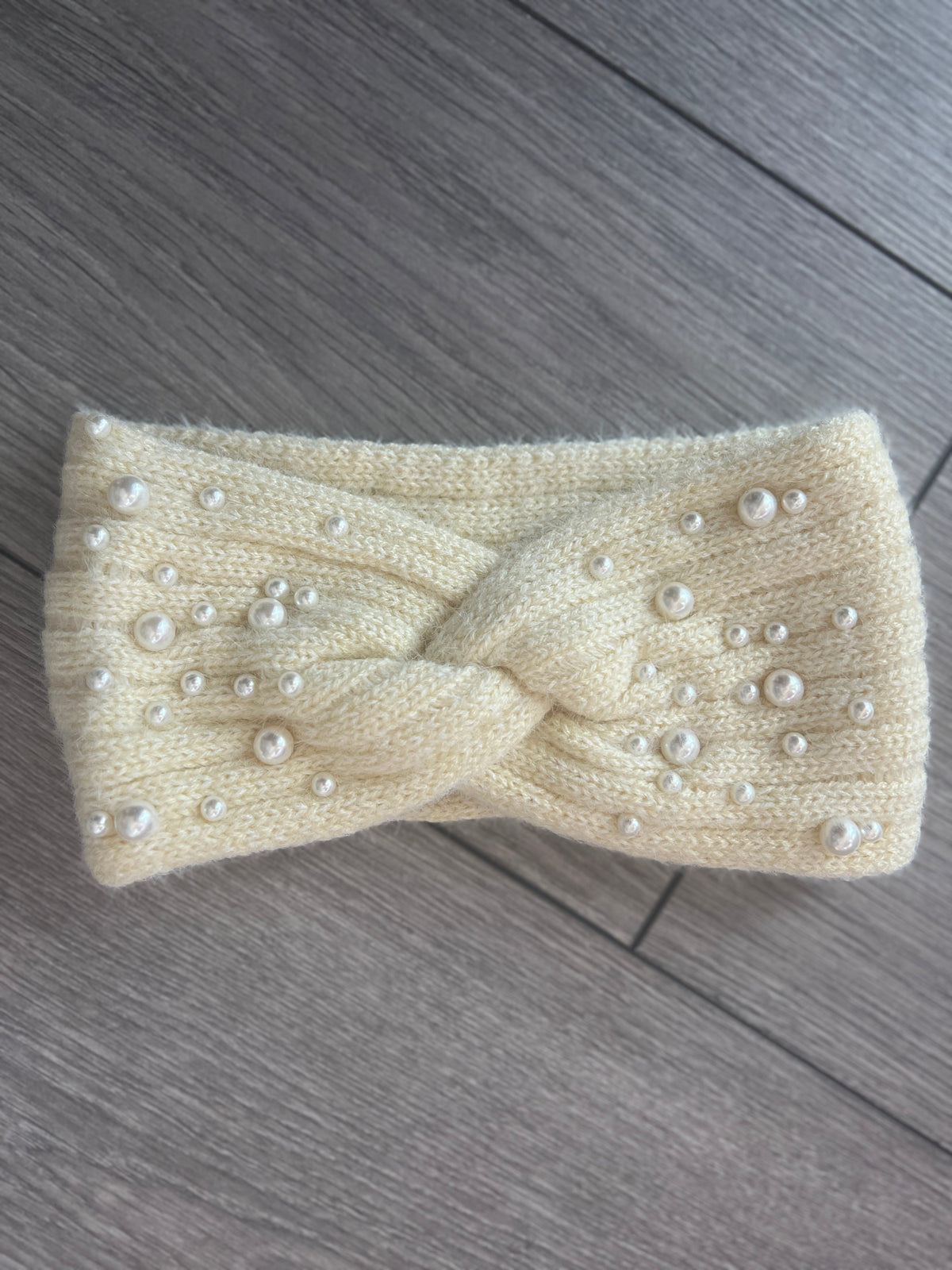 Cream Knitted Headband Ear Warmer With Assorted Pearls-Fascinators Direct