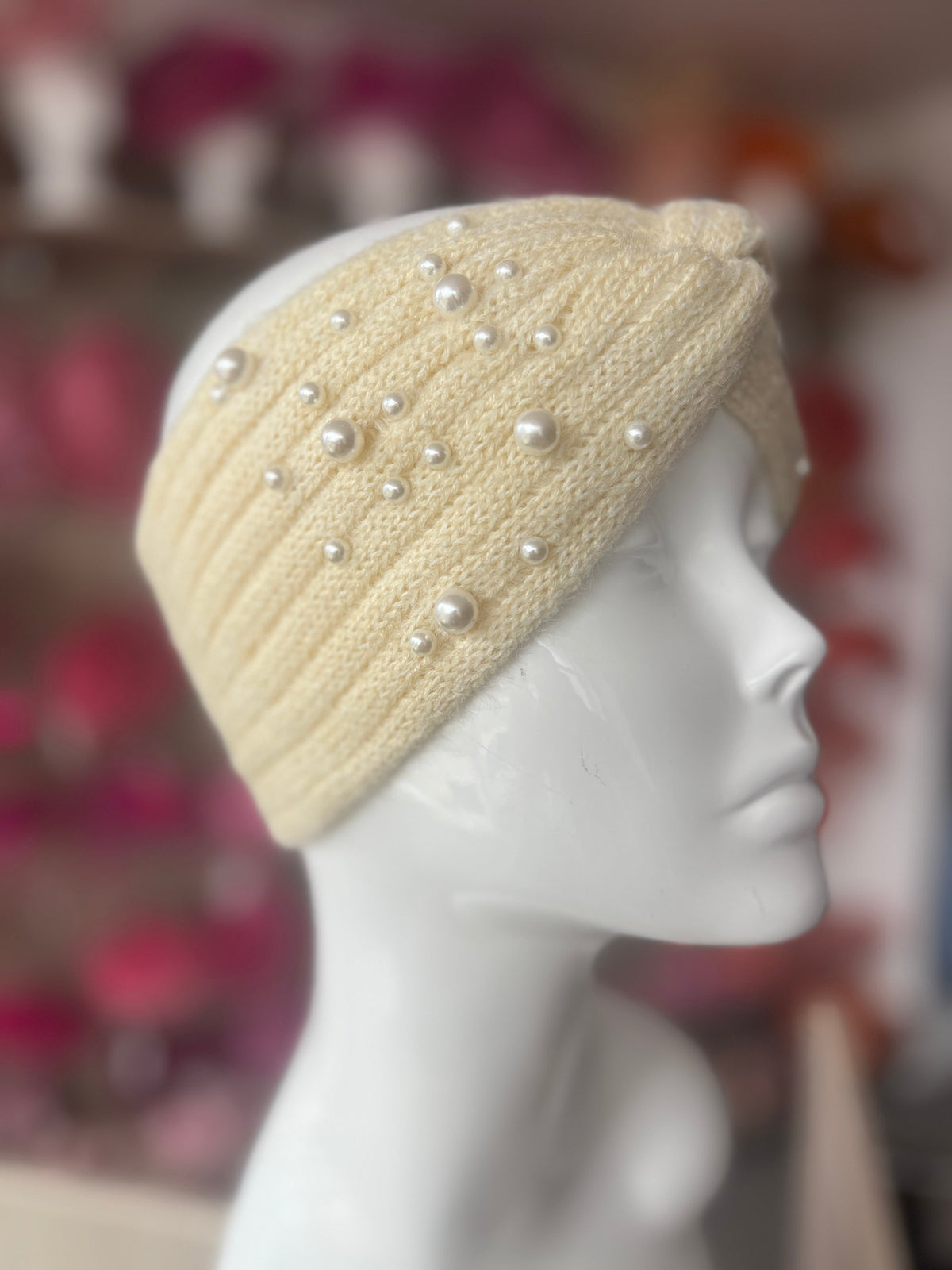 Cream Knitted Headband Ear Warmer With Assorted Pearls-Fascinators Direct