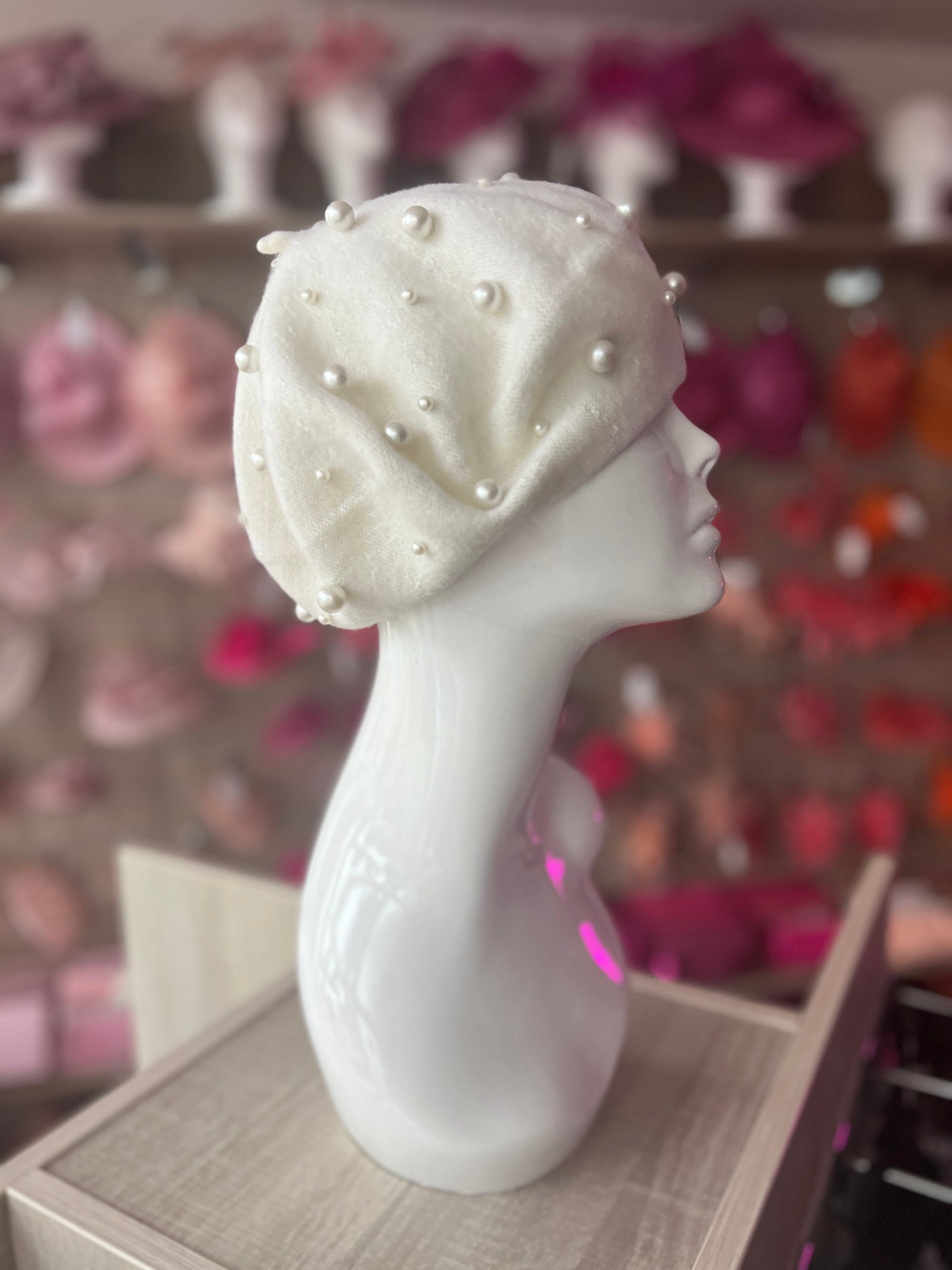 Cream Pearl Embellished Beret Hat-Fascinators Direct