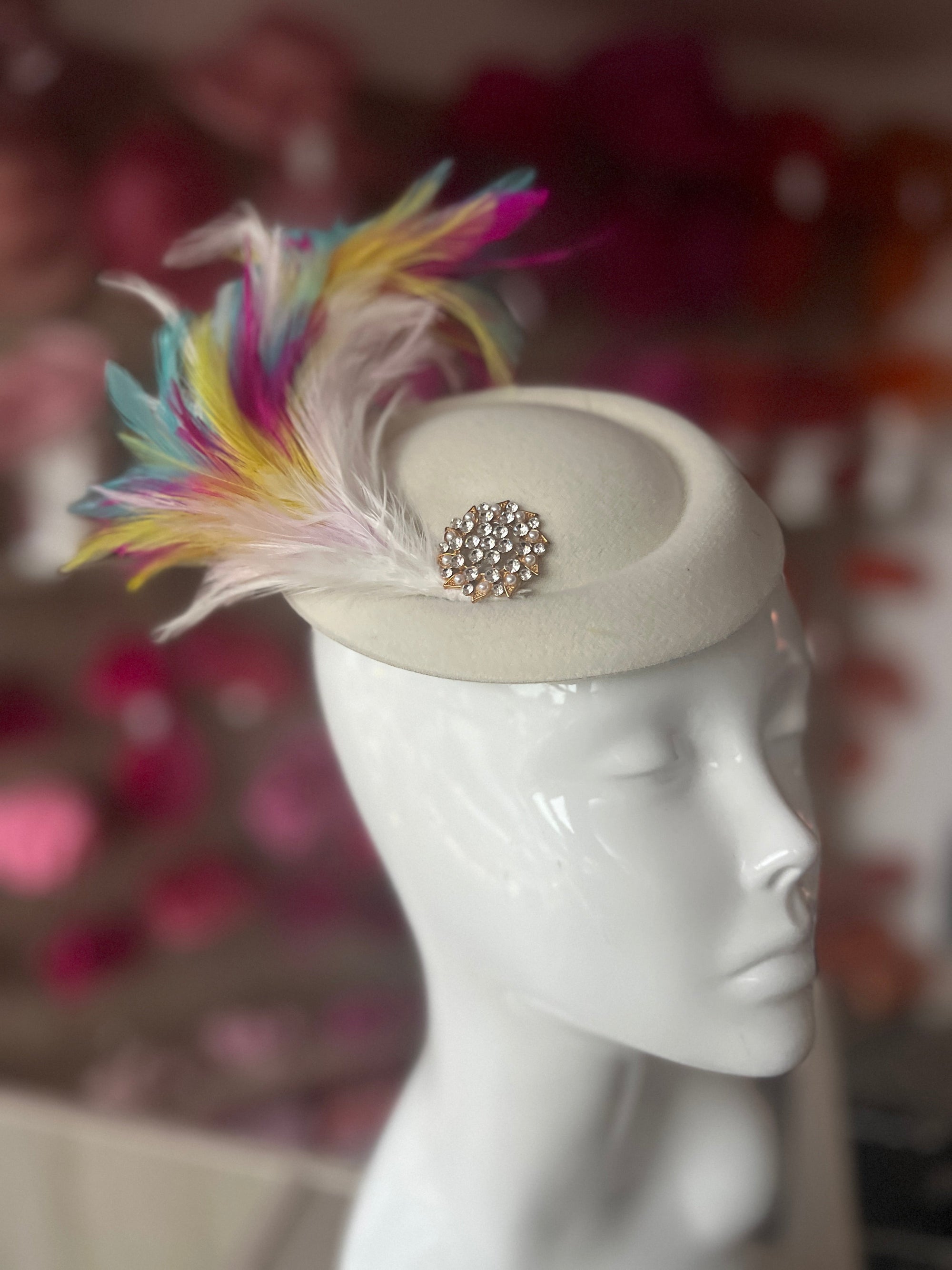 Cream Pill Box Fascinator With Curled Feathers & Diamante Embellishment-Fascinators Direct